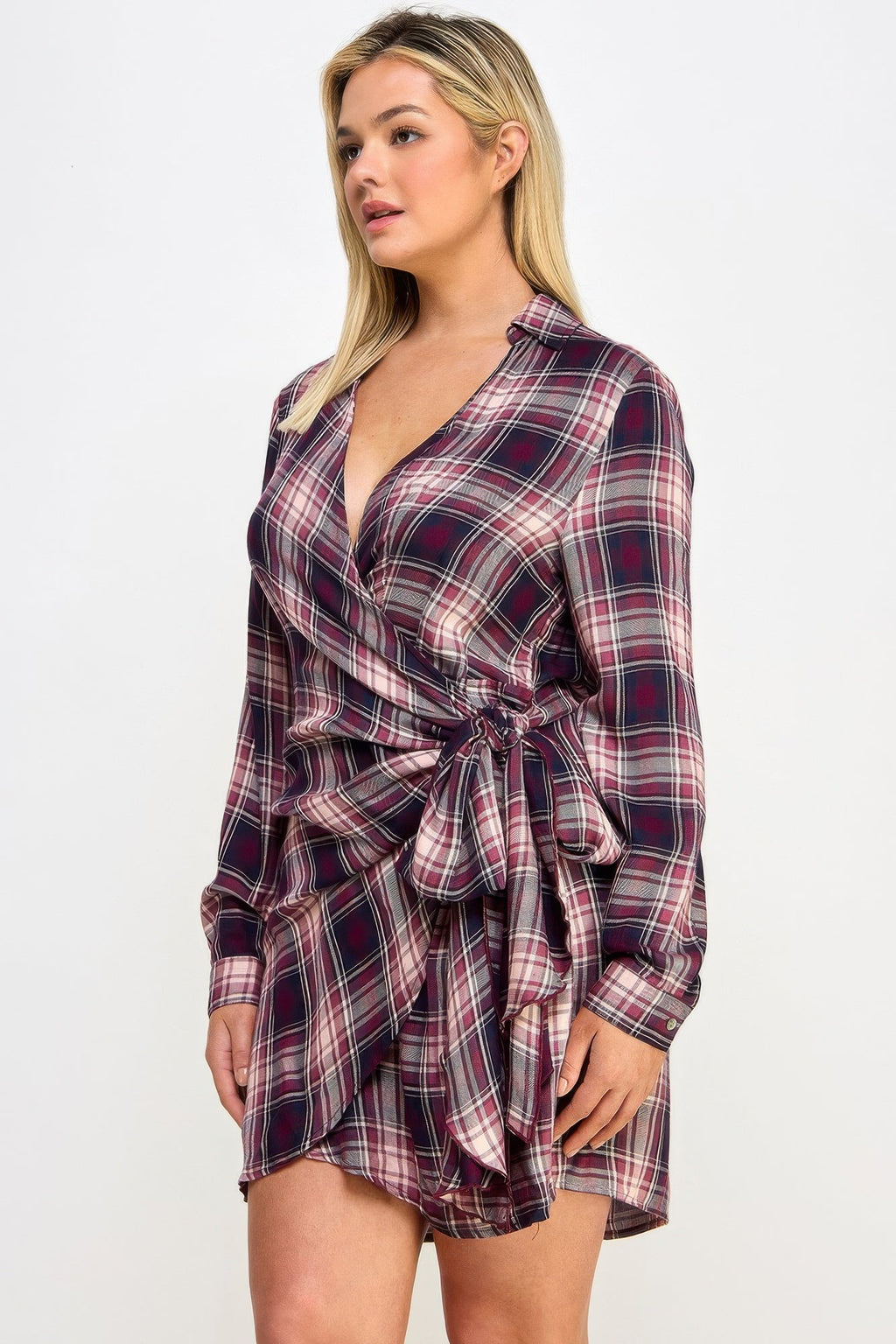 Plus Size Long Sleeve Plaid Side Tie Dress