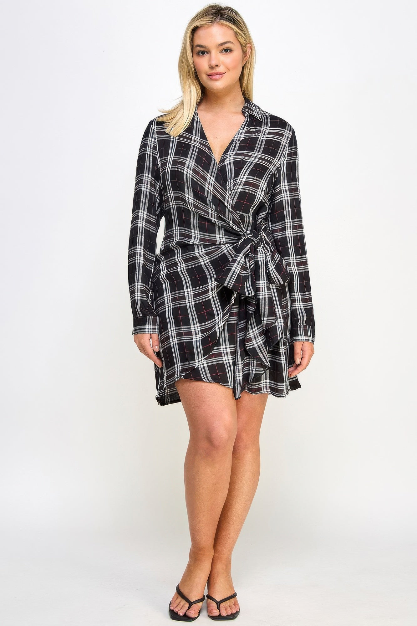 Plus Size Long Sleeve Plaid Side Tie Dress