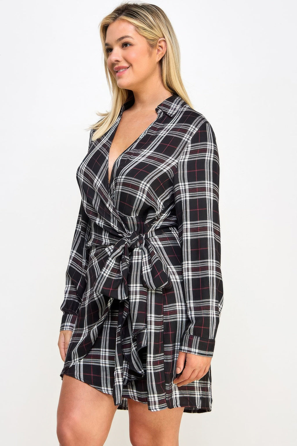 Plus Size Long Sleeve Plaid Side Tie Dress