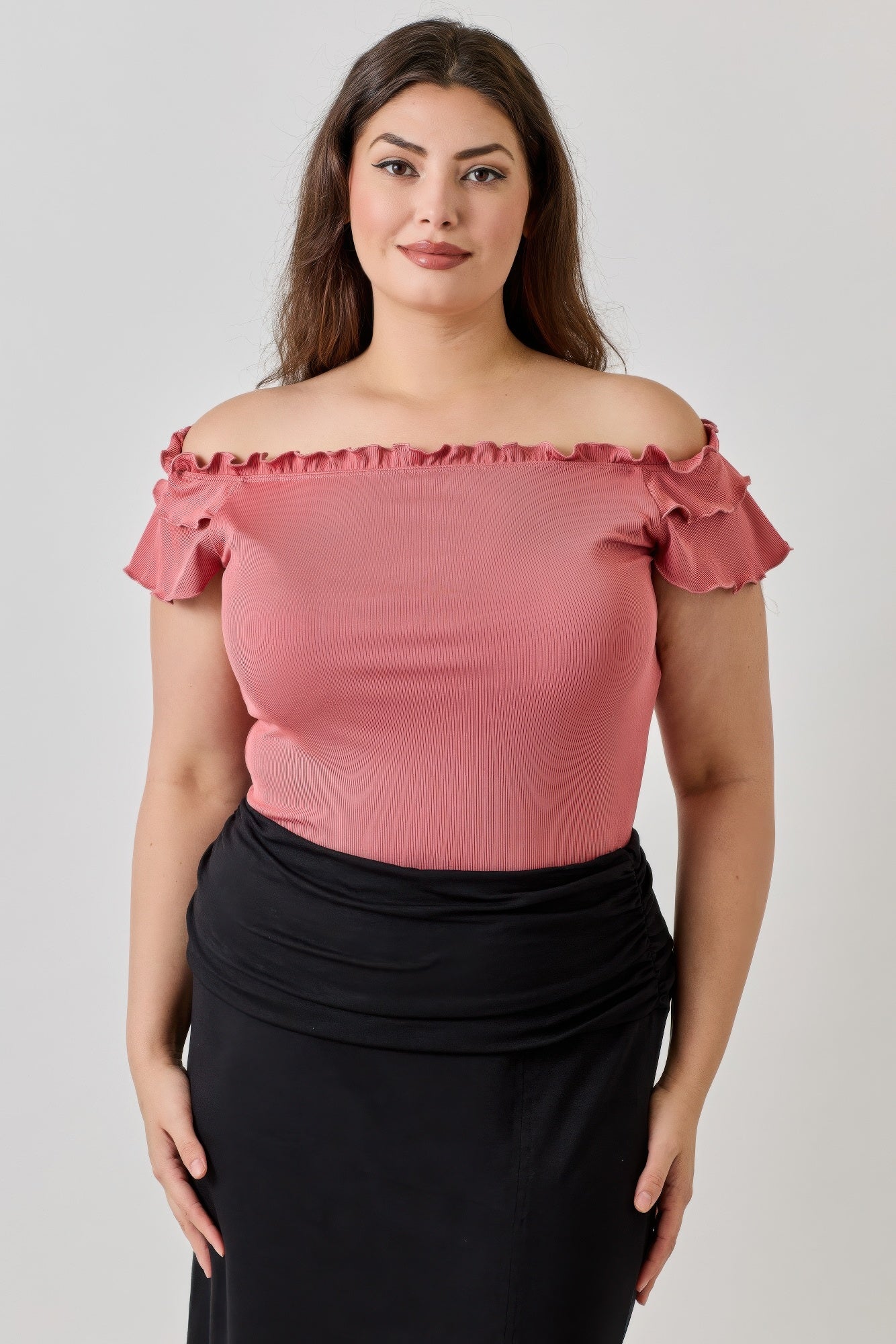 Plus Size Knit Rib Double Ruffle Top