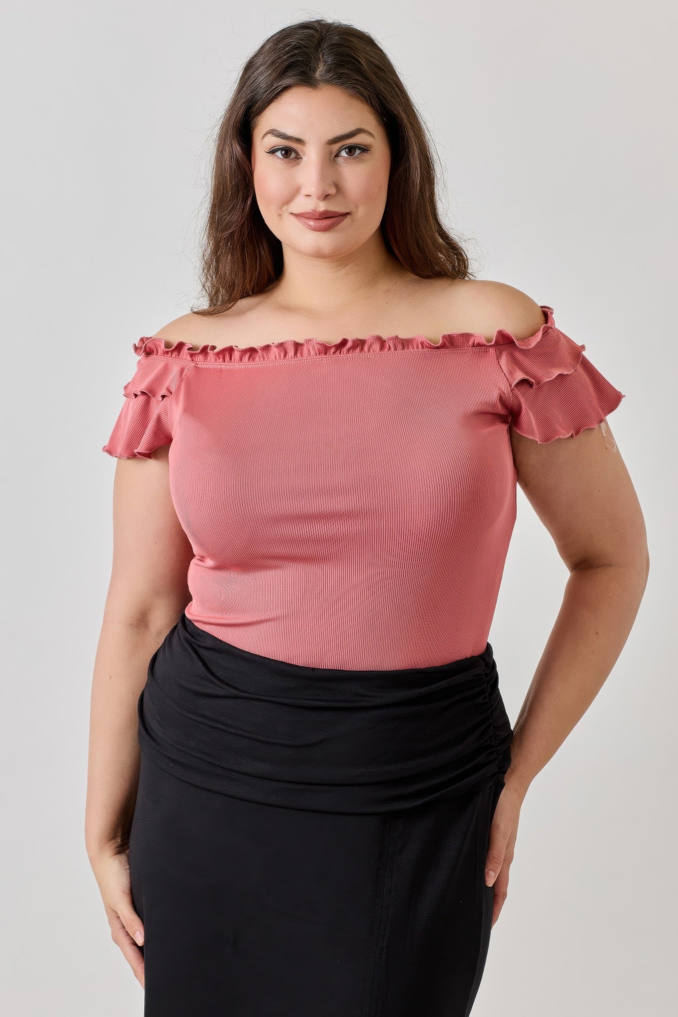 Plus Size Knit Rib Double Ruffle Top