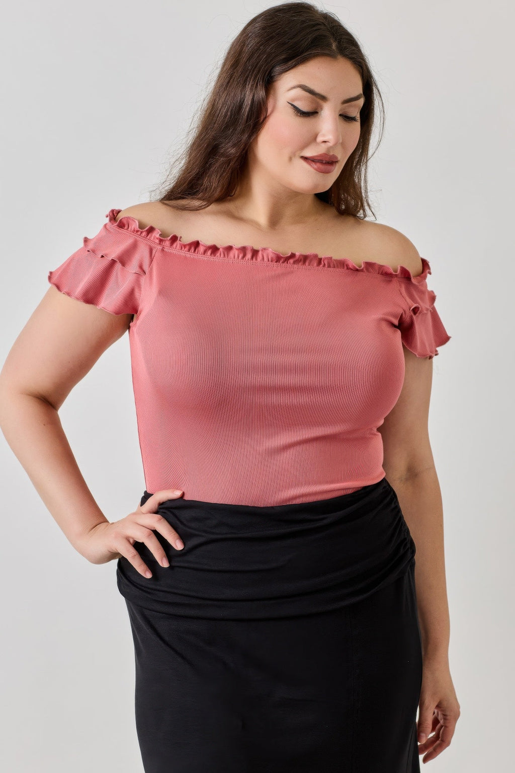 Plus Size Knit Rib Double Ruffle Top