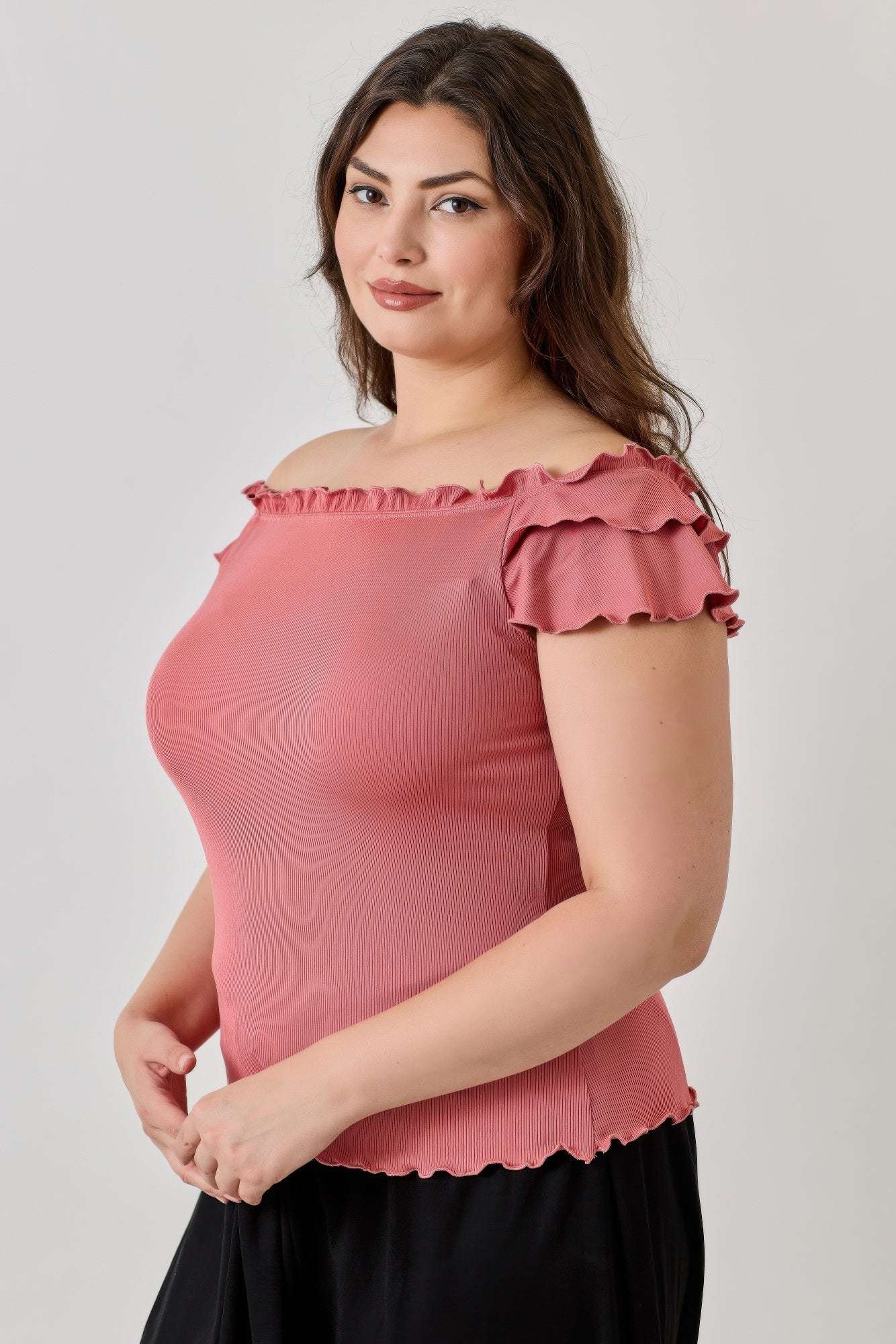 Plus Size Knit Rib Double Ruffle Top
