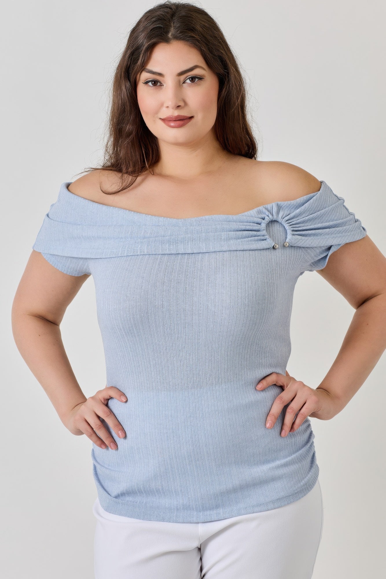 Plus Size Ots Pointelle Knit Rib Fold Over Top