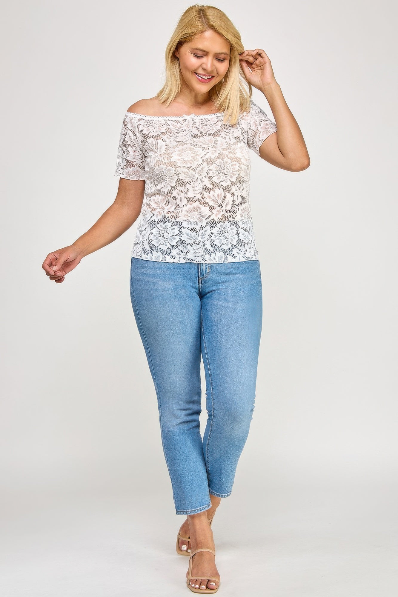 Plus Sized Off The Shoulder Lace Scallop Edge Top