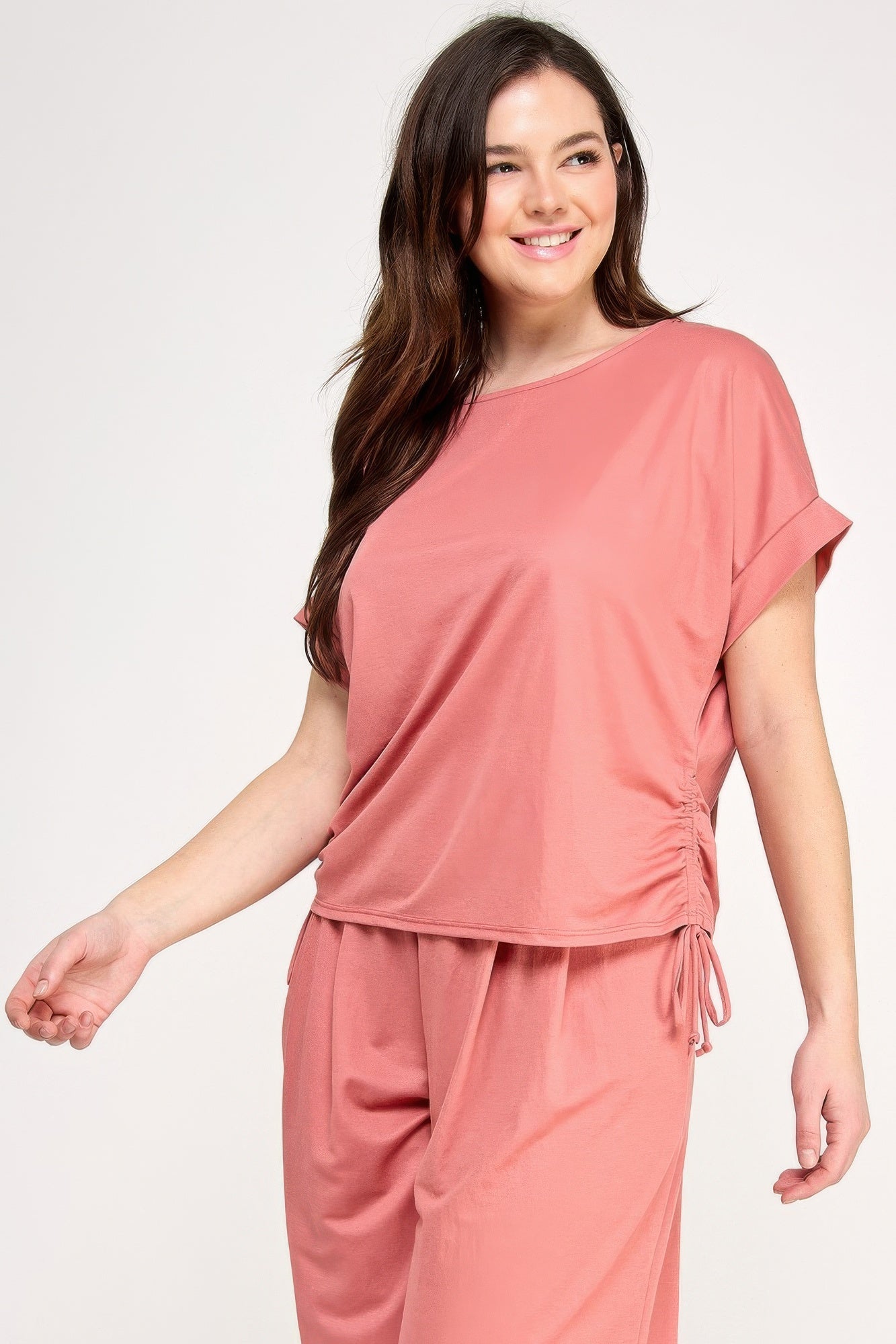 Plus Size Knit Linen Dolman Ruched Top