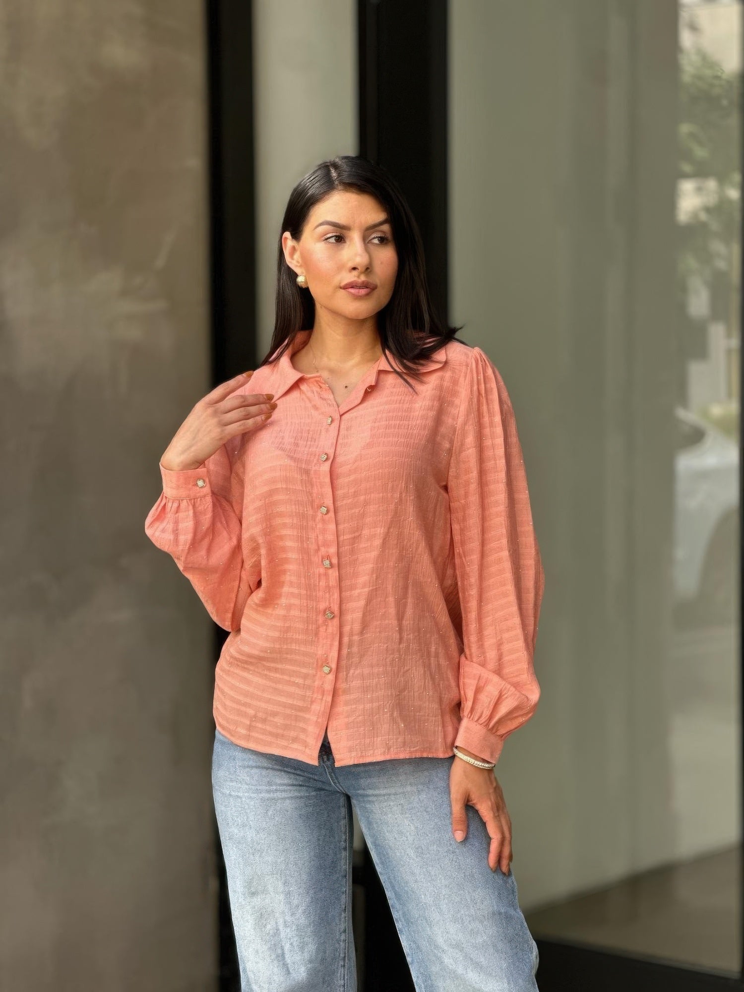 Collar Button Down Rhine Stone Detail Blouse