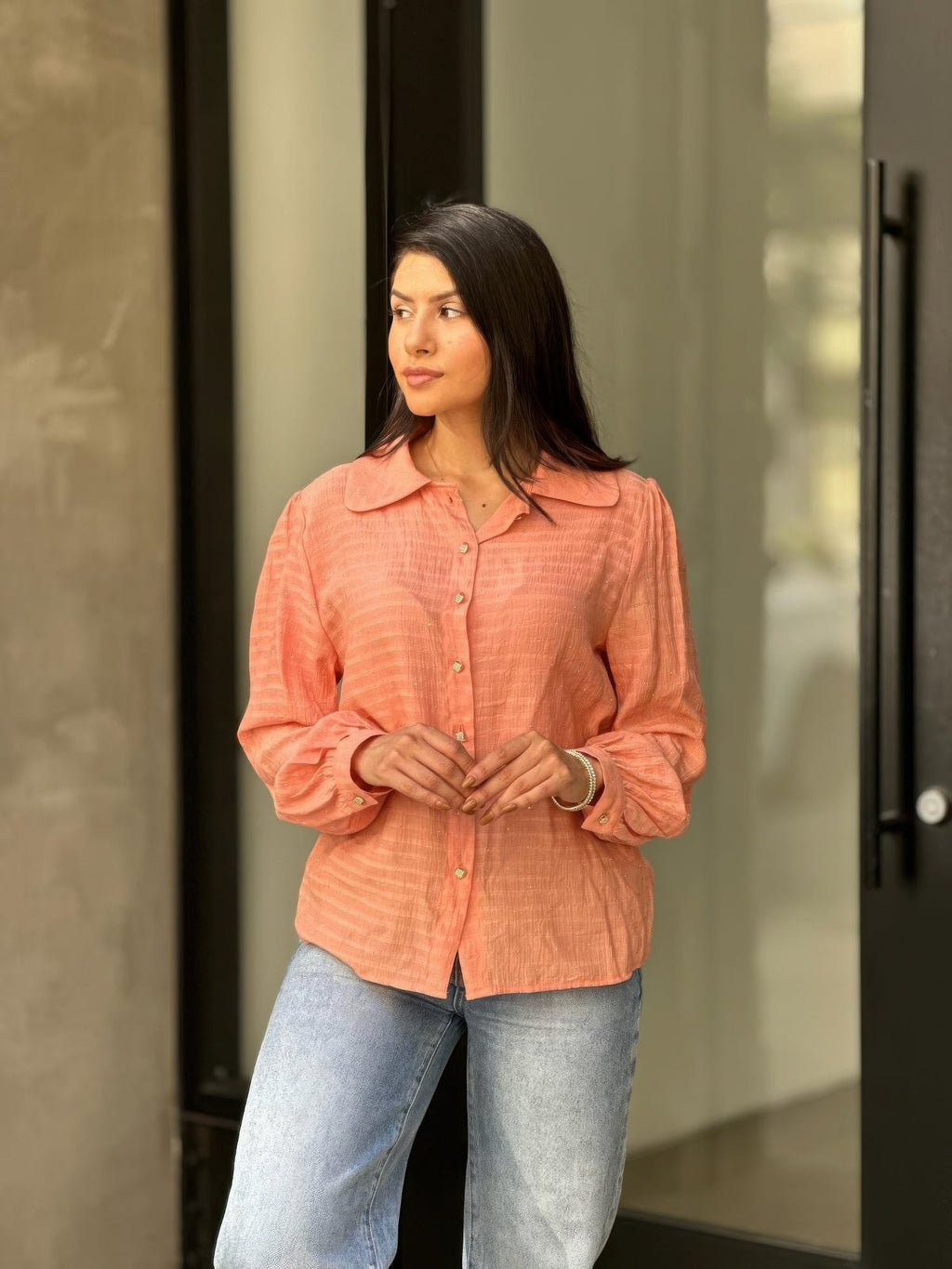 Collar Button Down Rhine Stone Detail Blouse