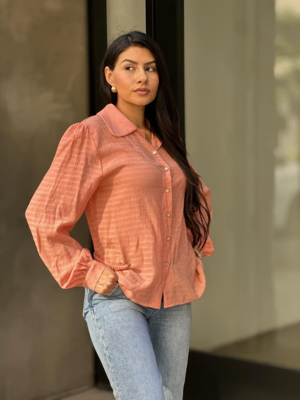 Collar Button Down Rhine Stone Detail Blouse