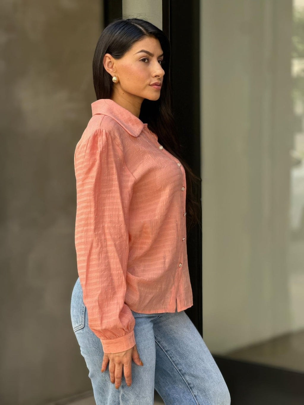 Collar Button Down Rhine Stone Detail Blouse