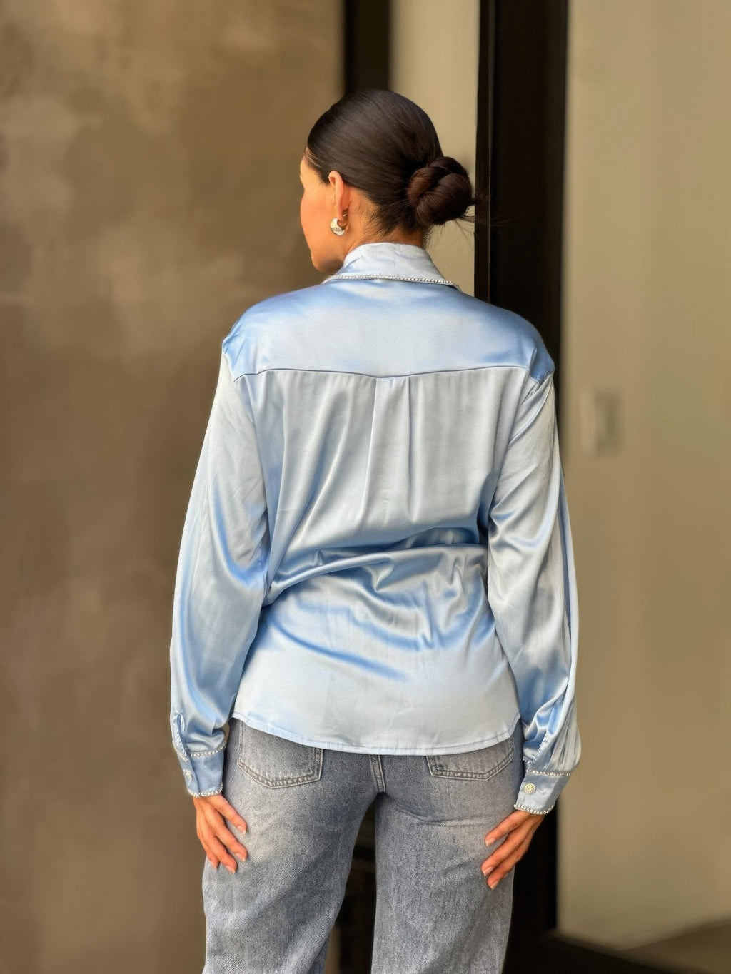 Rhinestone Diamond Lined Button Down Satin Blouse