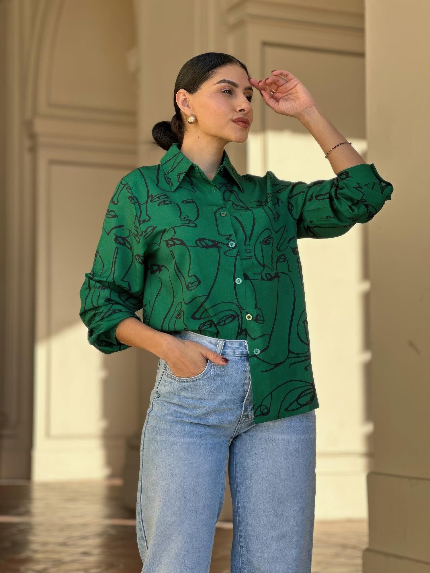 Face Print Long Sleeve Button Down Blouse