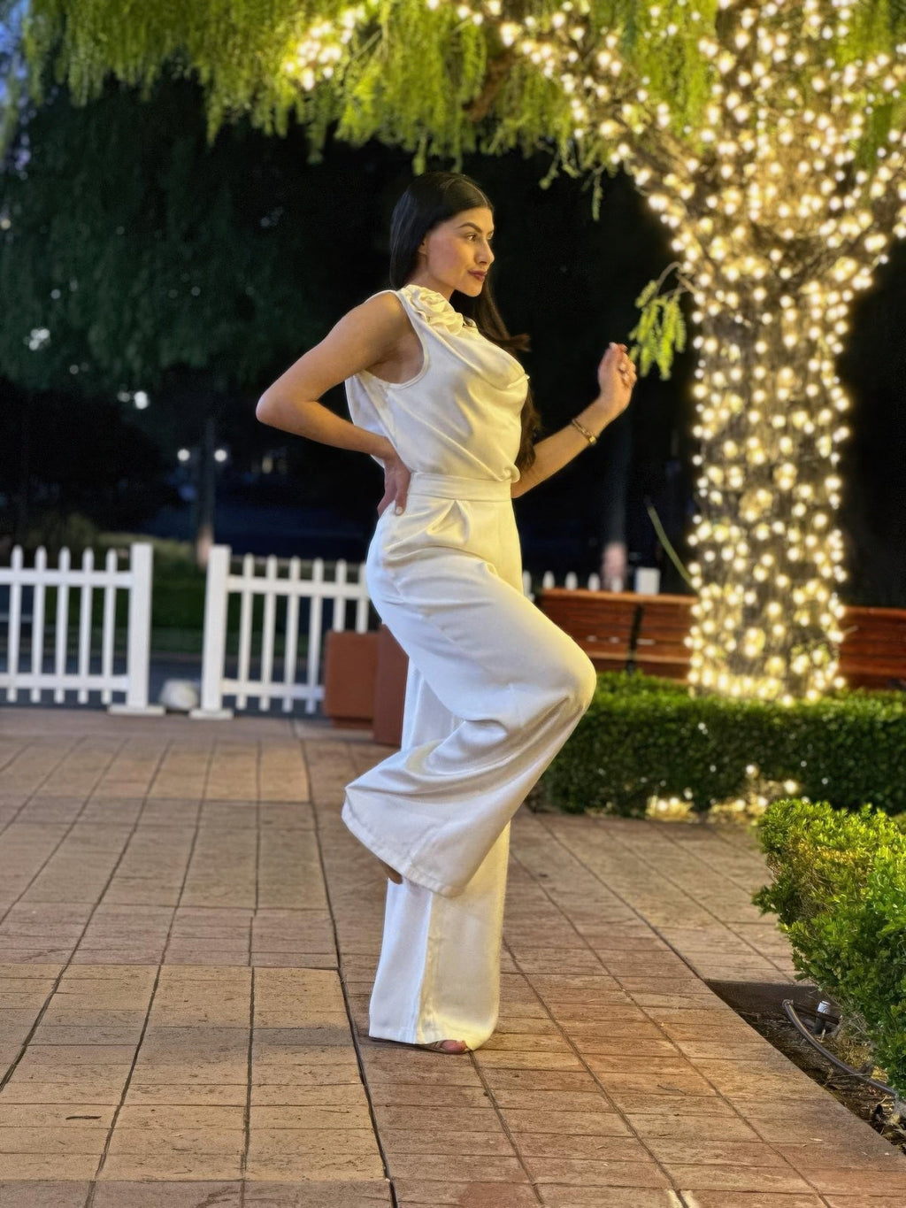 Satin Wide Leg Pants & Flower Sleeveless Top Set