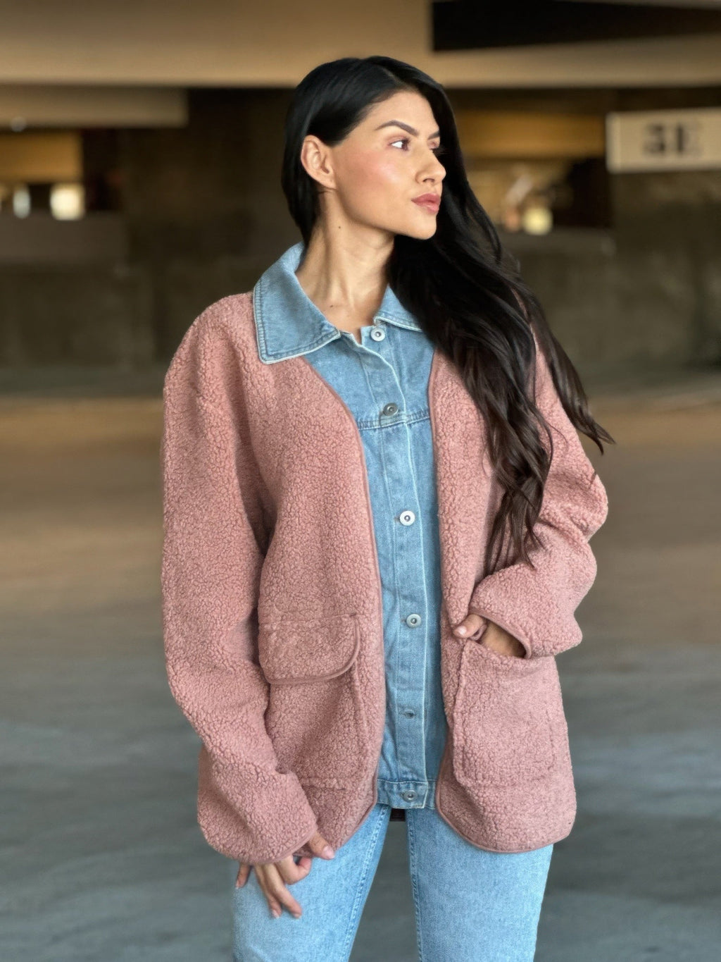 Teddy Fleece & Denim Jacket With Square Pockets