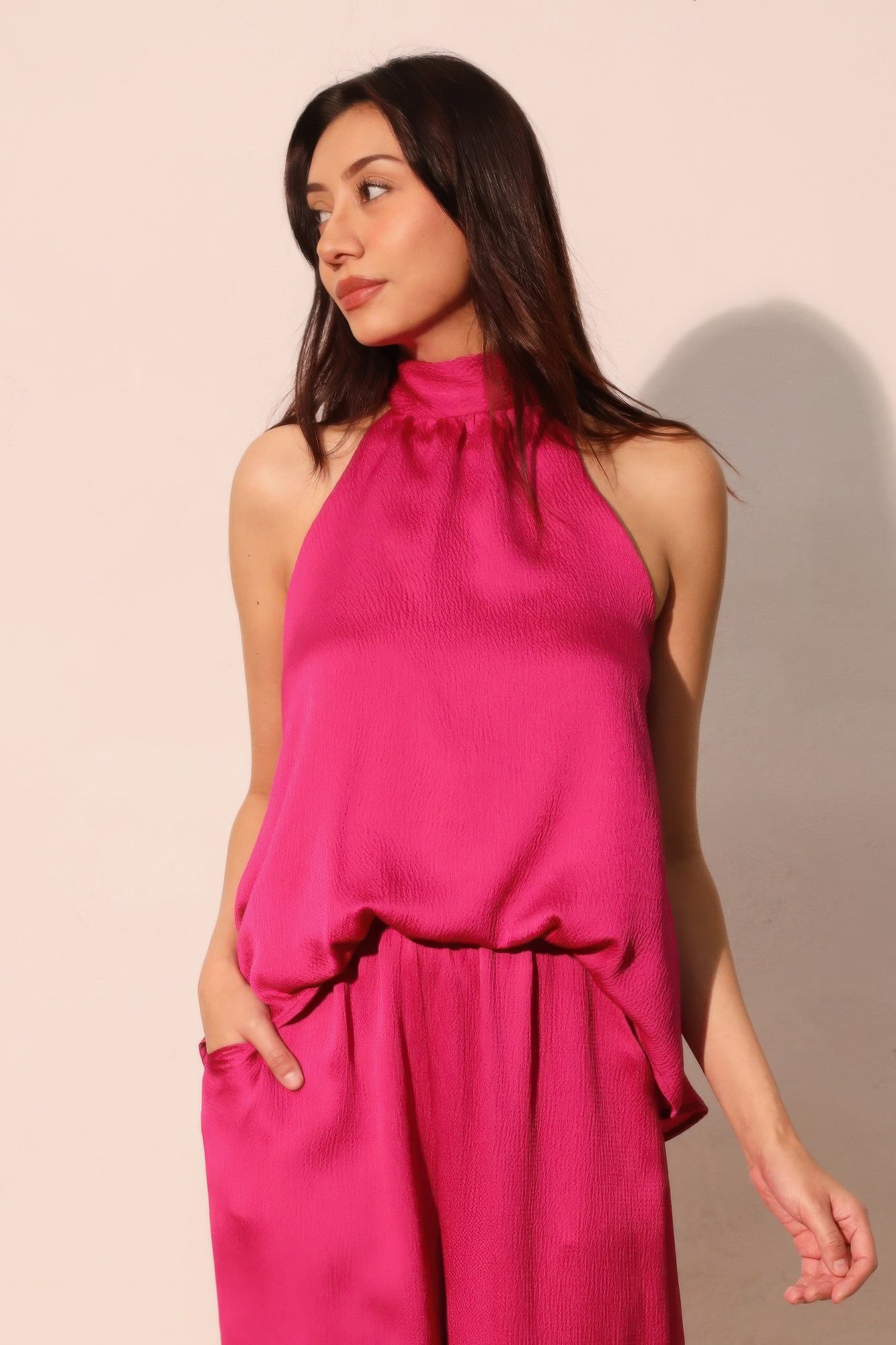 Hammered Satin Halter Bubble Top