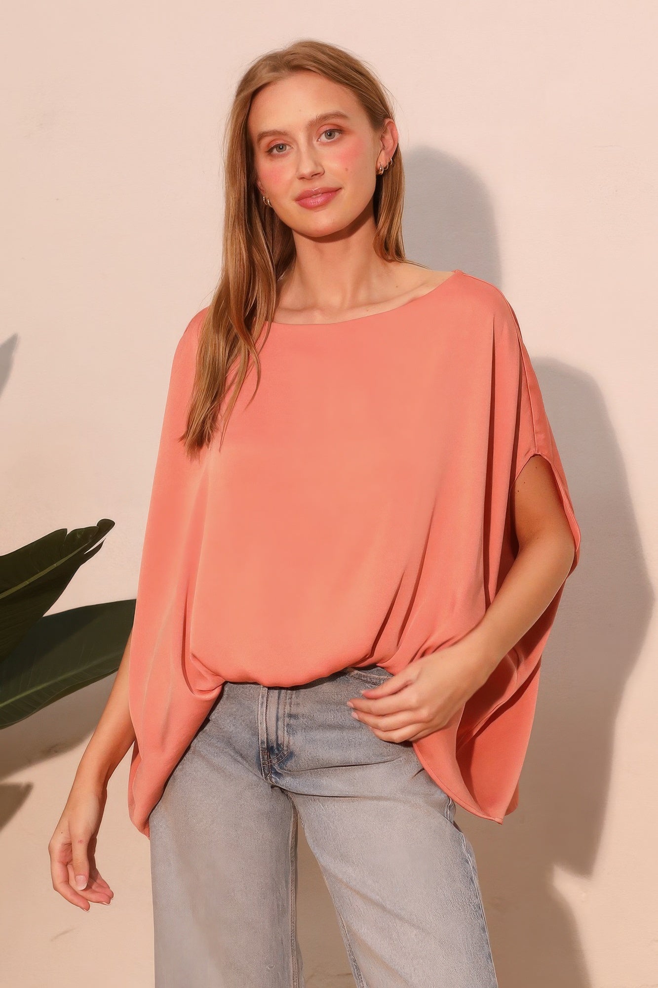 Washed Poly Silk Boat Neck Caftan Top