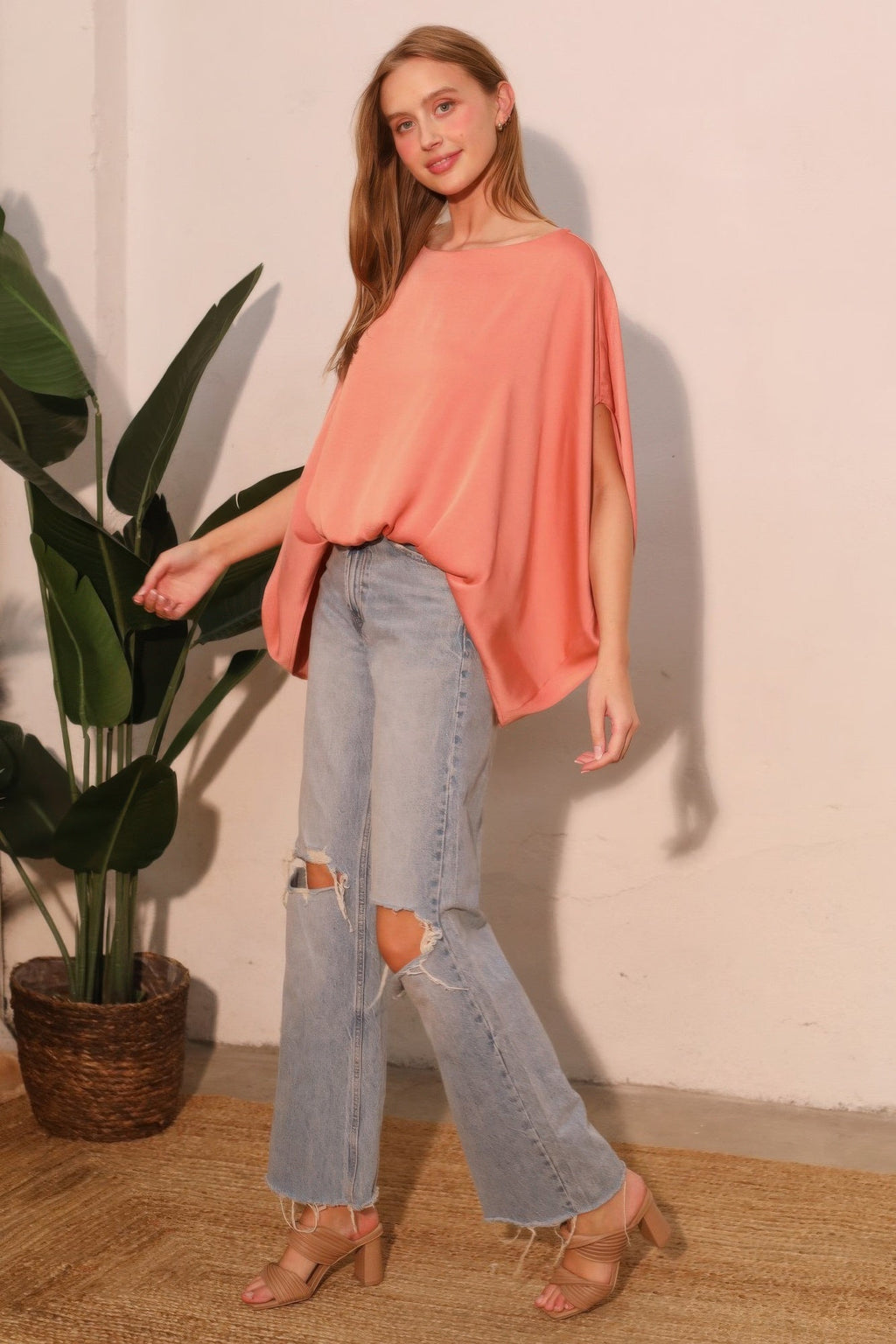 Washed Poly Silk Boat Neck Caftan Top