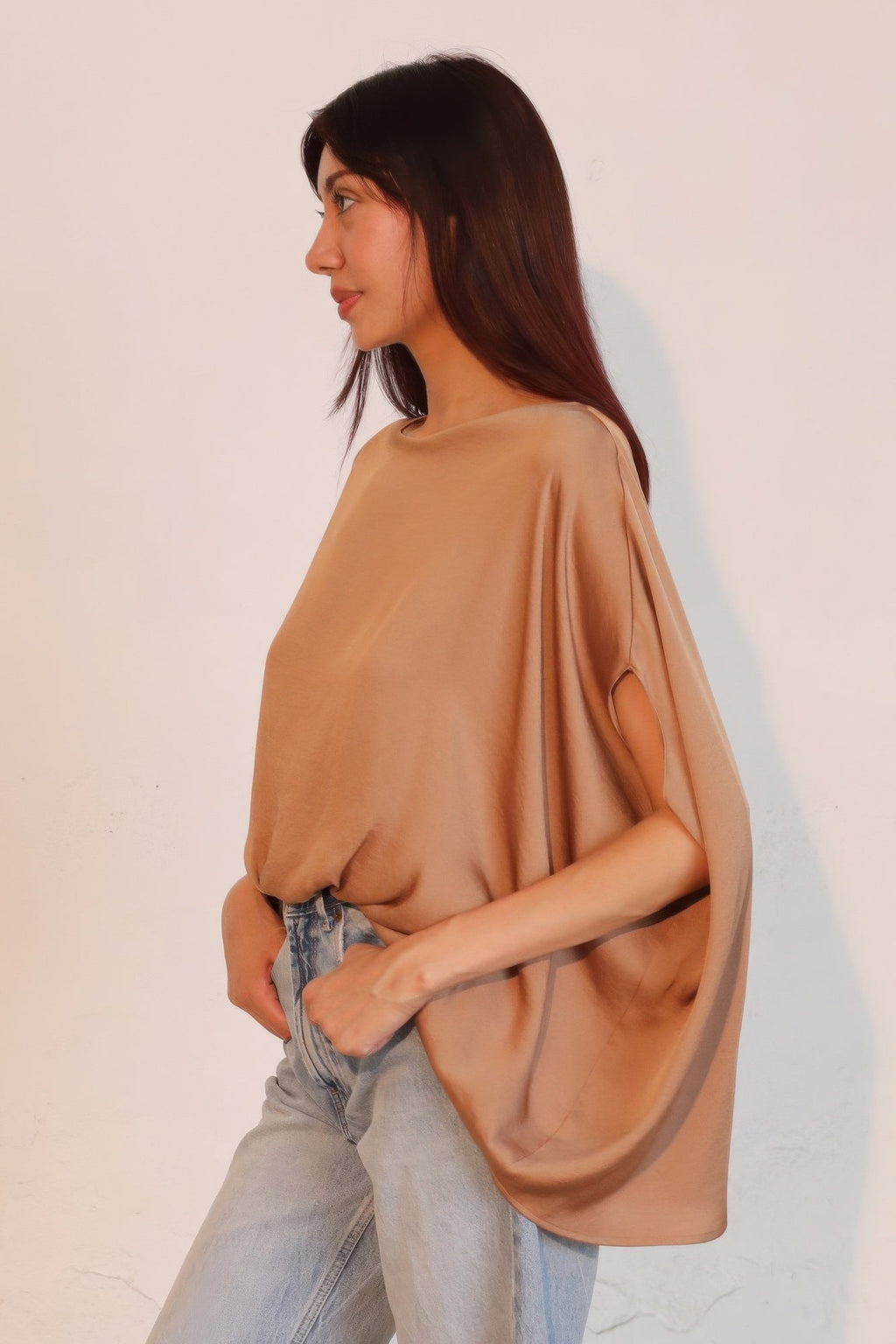 Washed Poly Silk Boat Neck Caftan Top