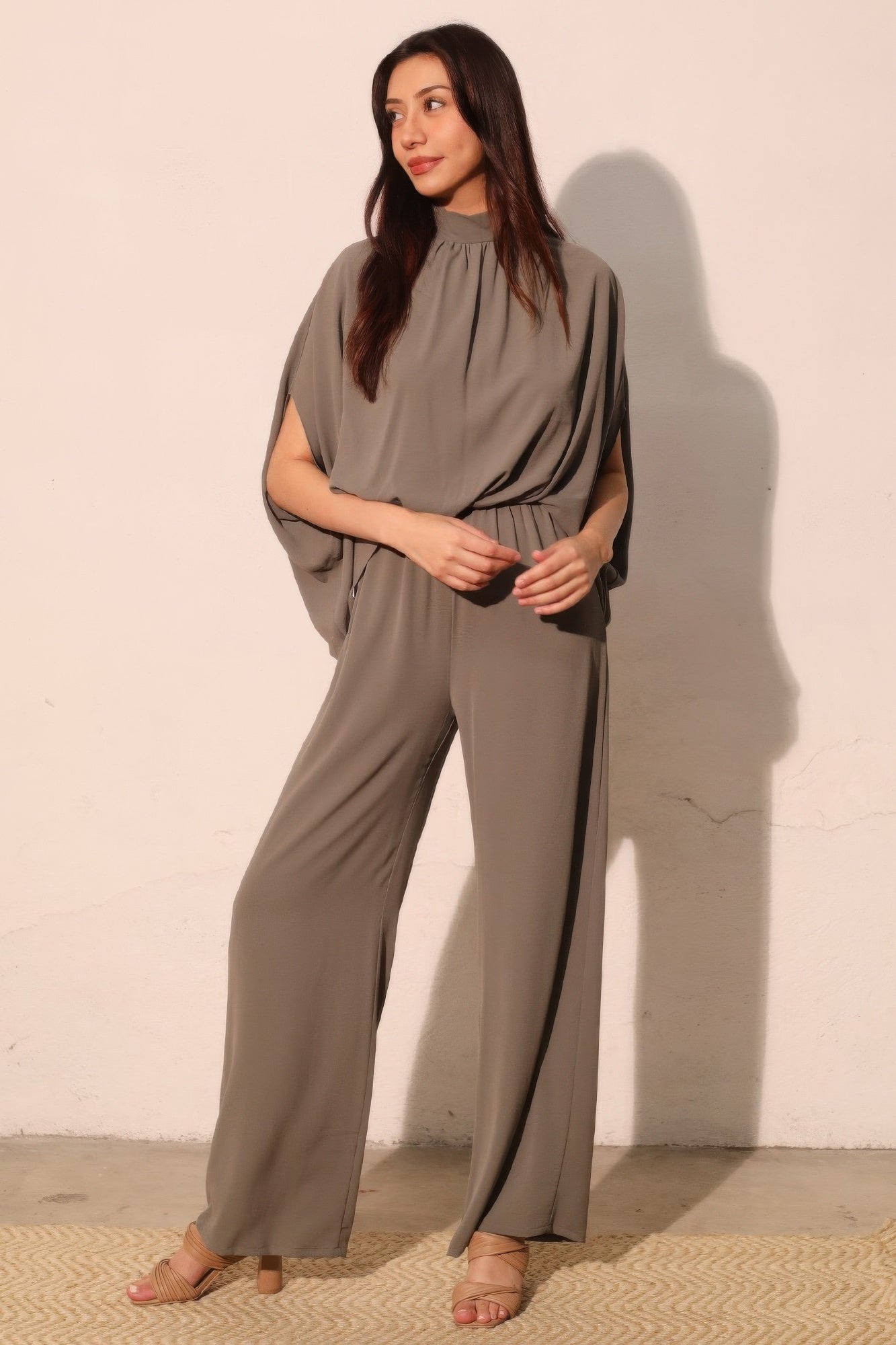 Textured Solid Mock Neck Caftan Jumpsuit