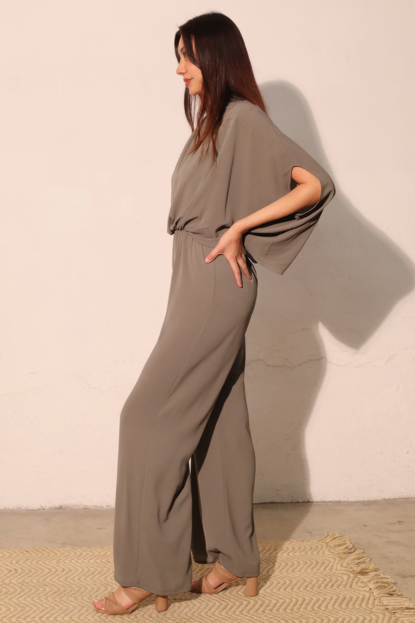 Textured Solid Mock Neck Caftan Jumpsuit