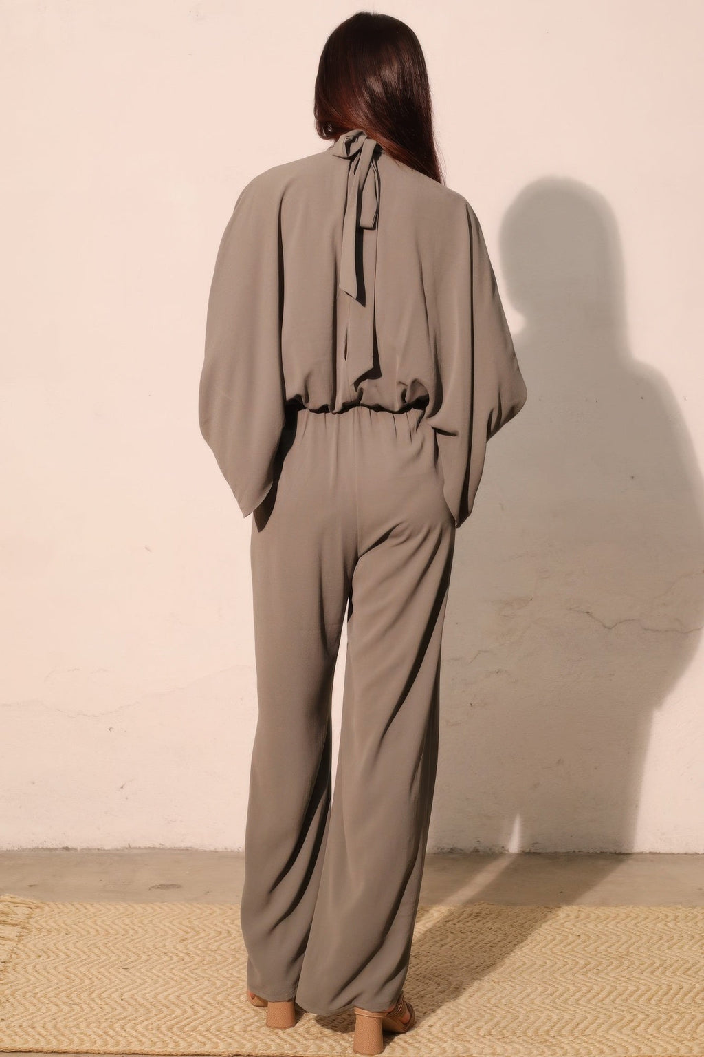 Textured Solid Mock Neck Caftan Jumpsuit