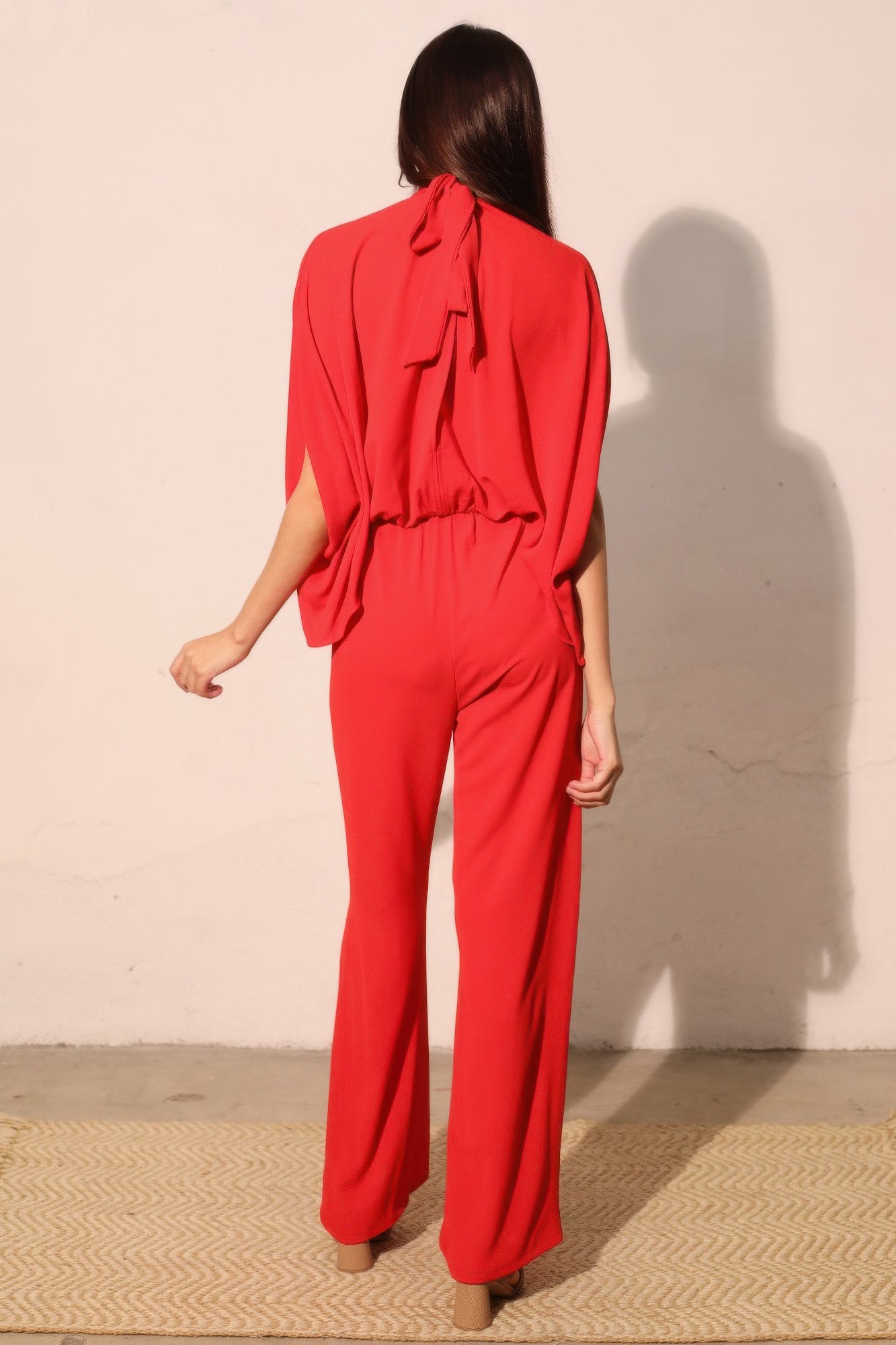 Textured Solid Mock Neck Caftan Jumpsuit
