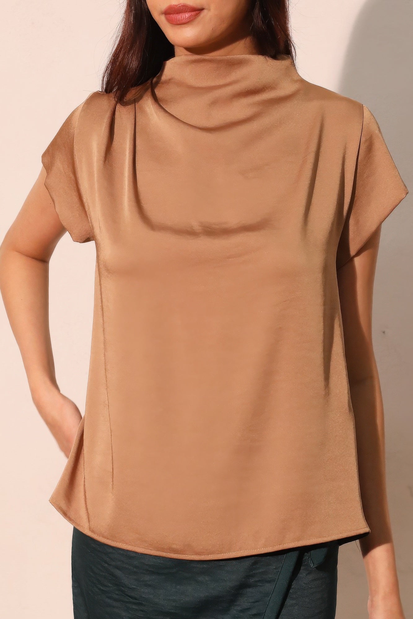 Washed Poly Silk High Neck Short Sleeve Top