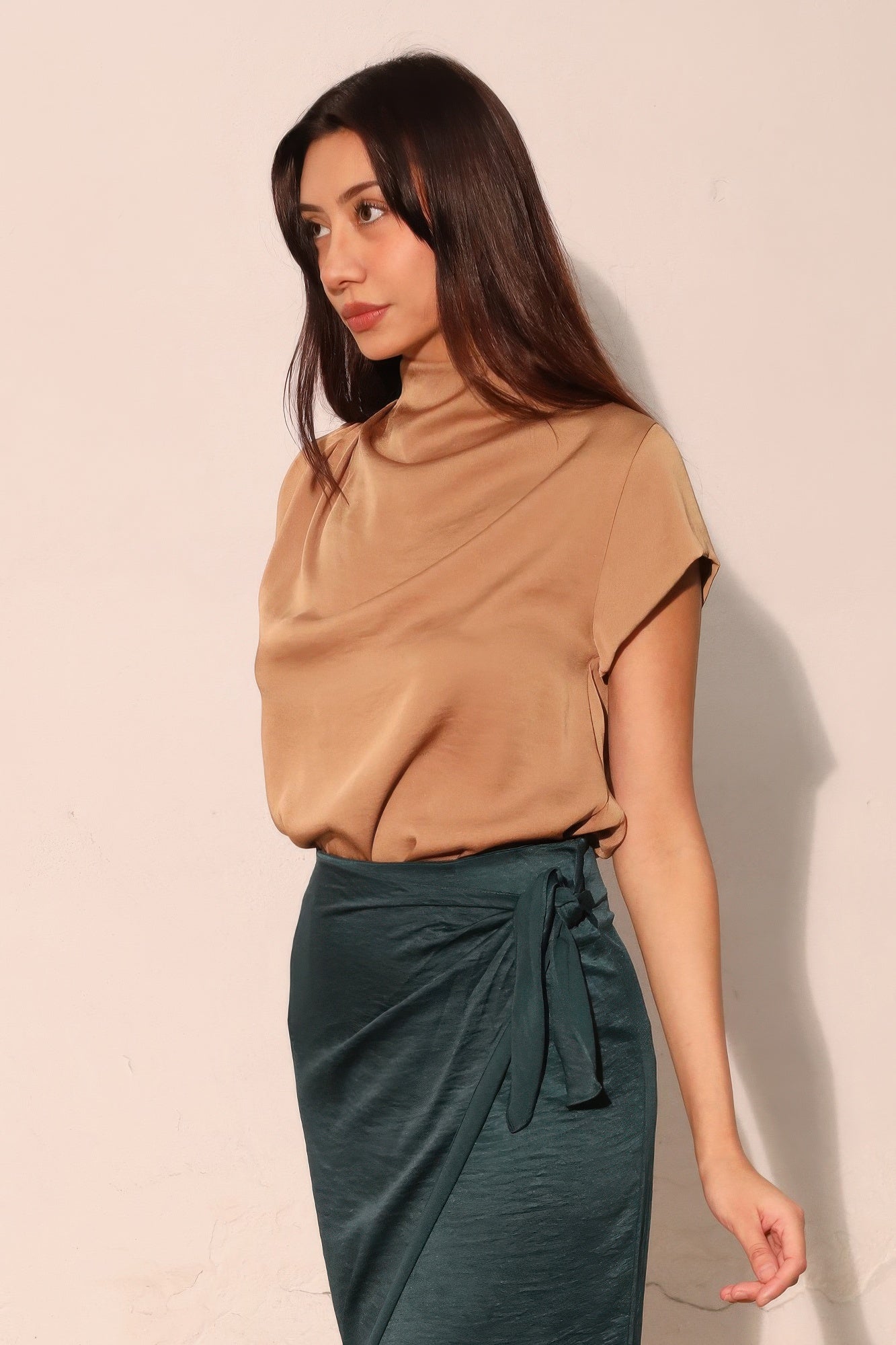 Washed Poly Silk High Neck Short Sleeve Top