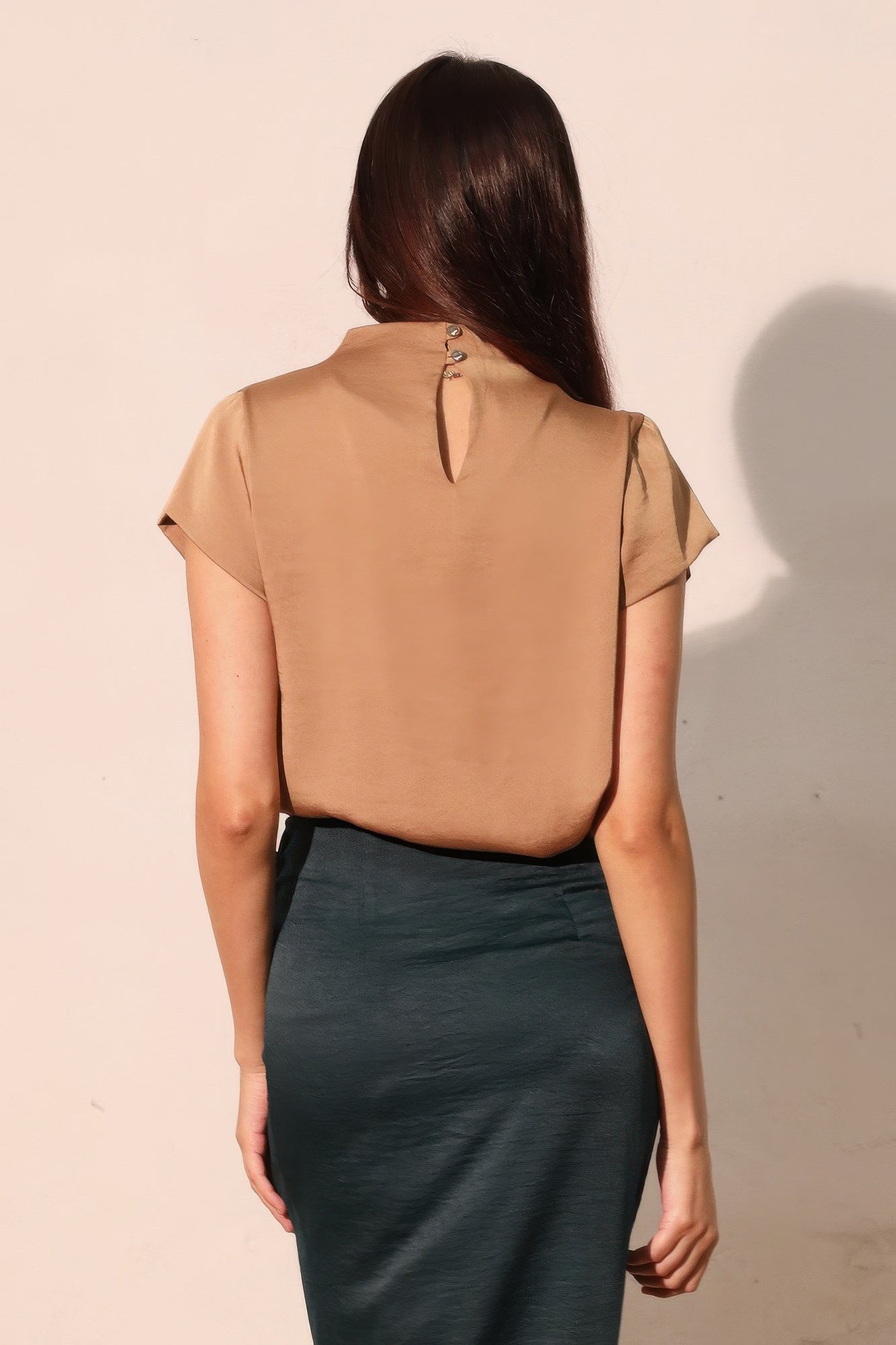 Washed Poly Silk High Neck Short Sleeve Top