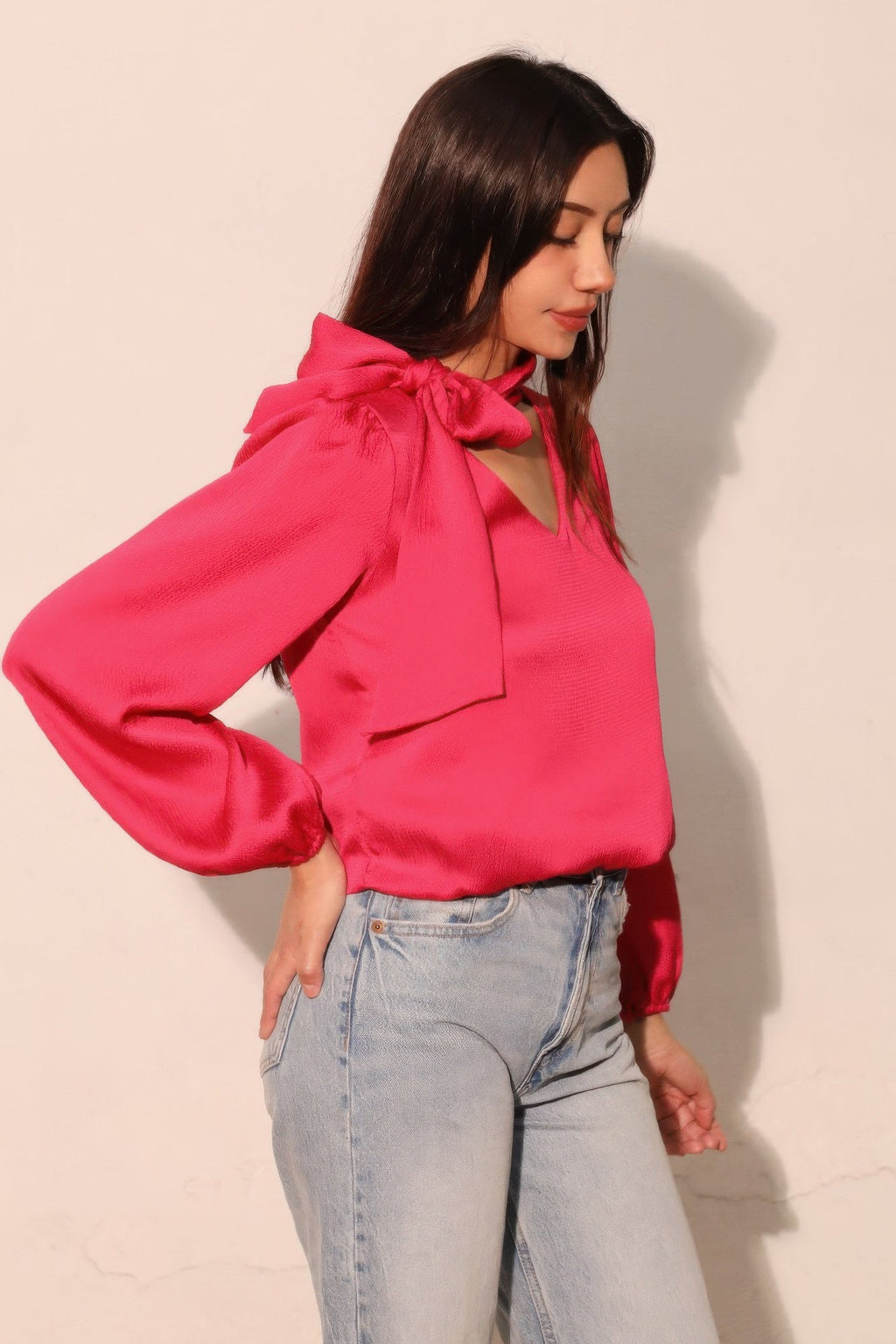 Hammered Satin Tie Neck Bubble Top