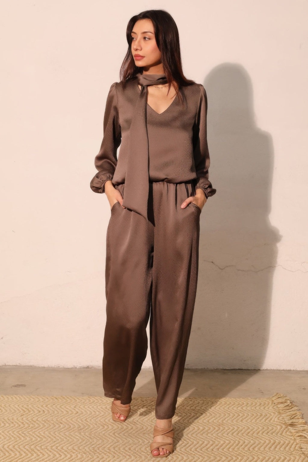 Hammered Satin Tie Neck Bubble Top