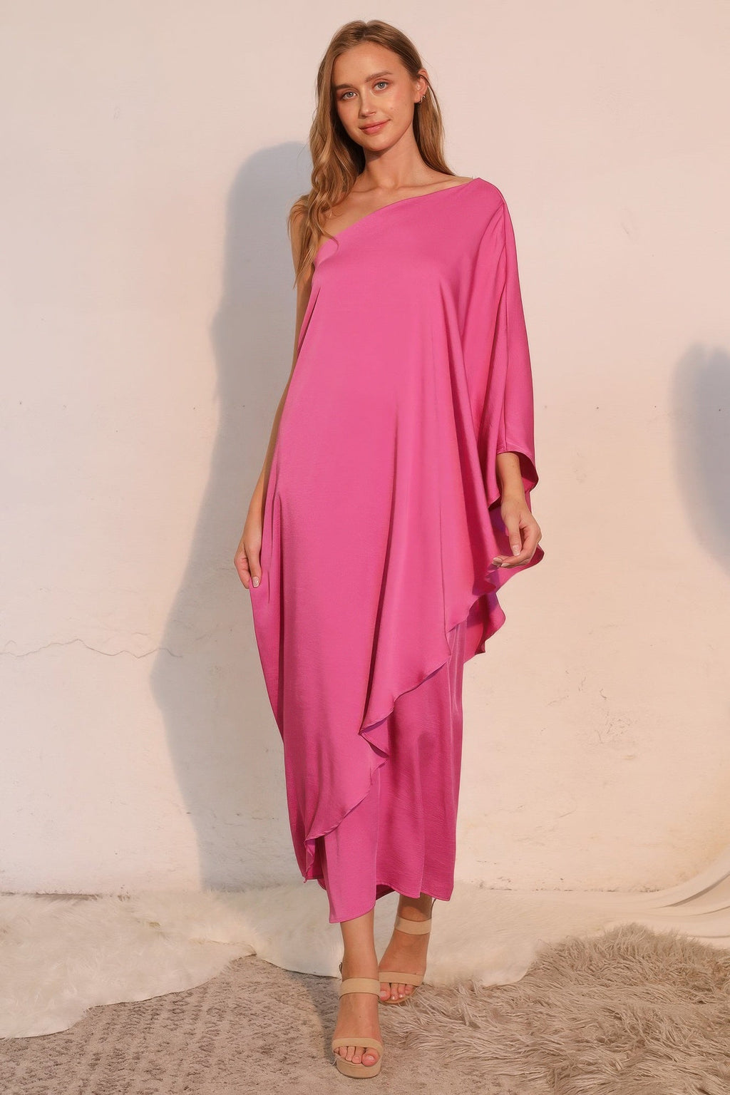 Washed Poly Silk Athena One Shoulder Maxi