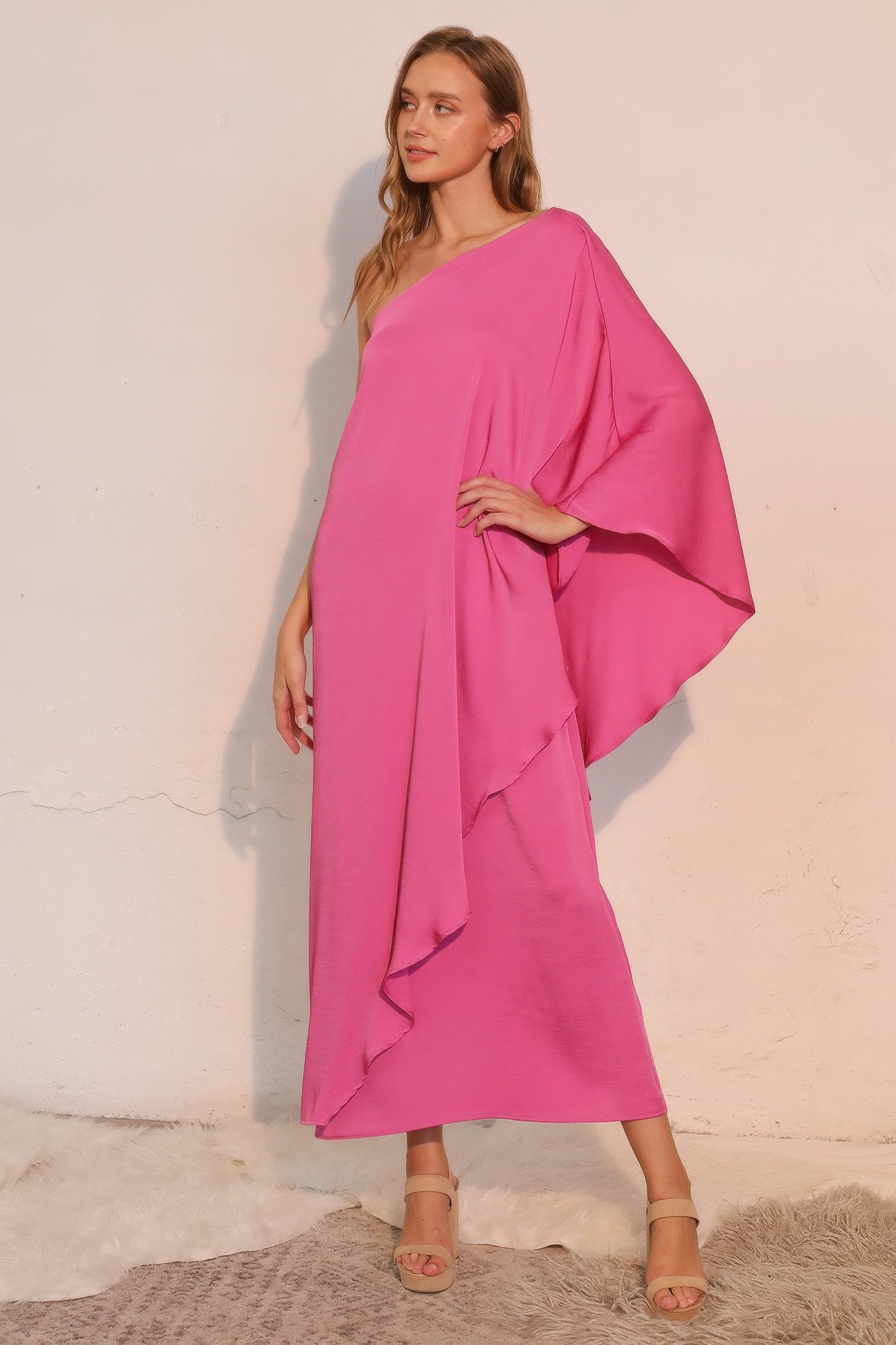 Washed Poly Silk Athena One Shoulder Maxi