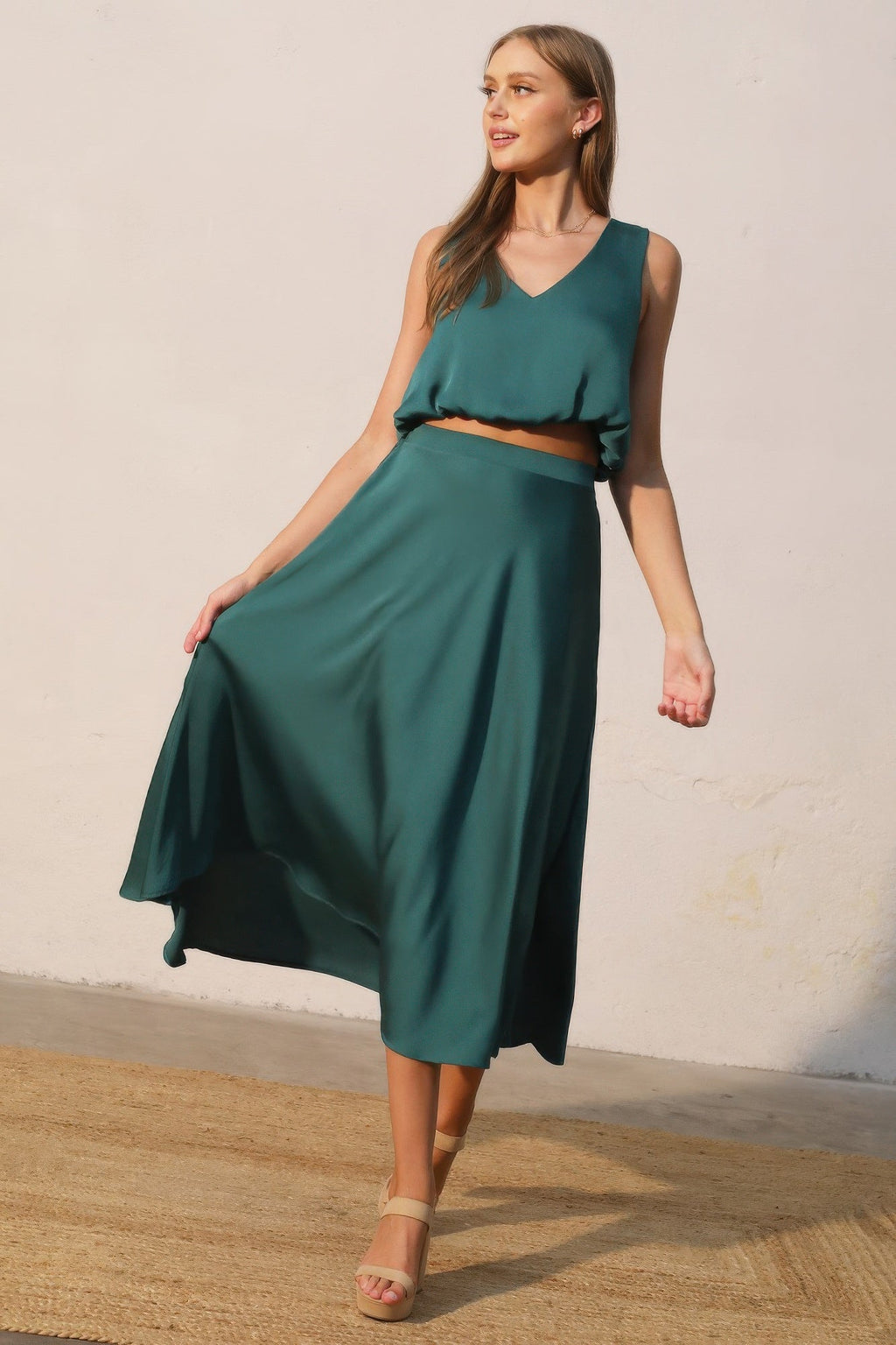 Washed Poly Silk Midi Swing Skirt