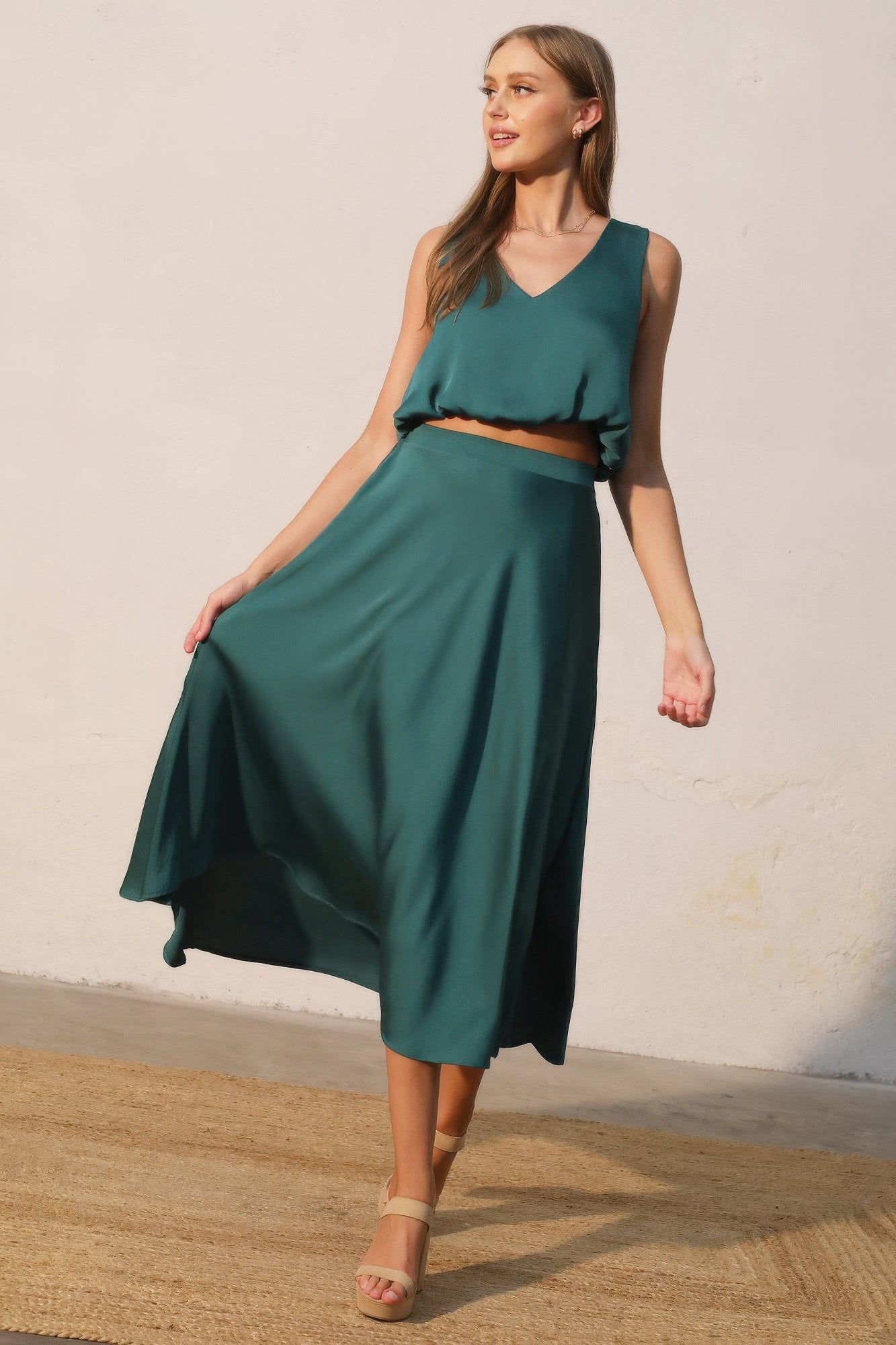 Washed Poly Silk Midi Swing Skirt