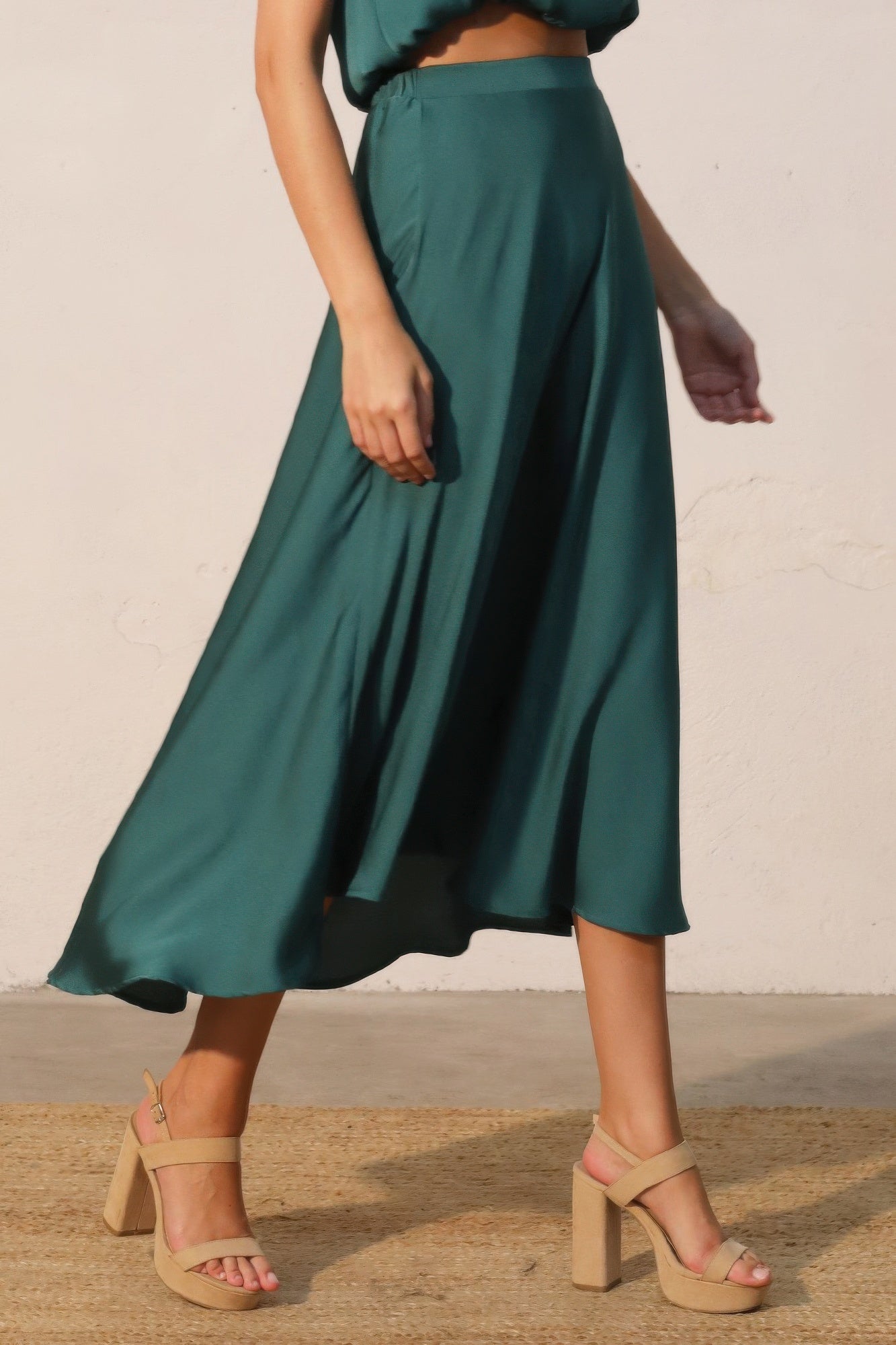 Washed Poly Silk Midi Swing Skirt
