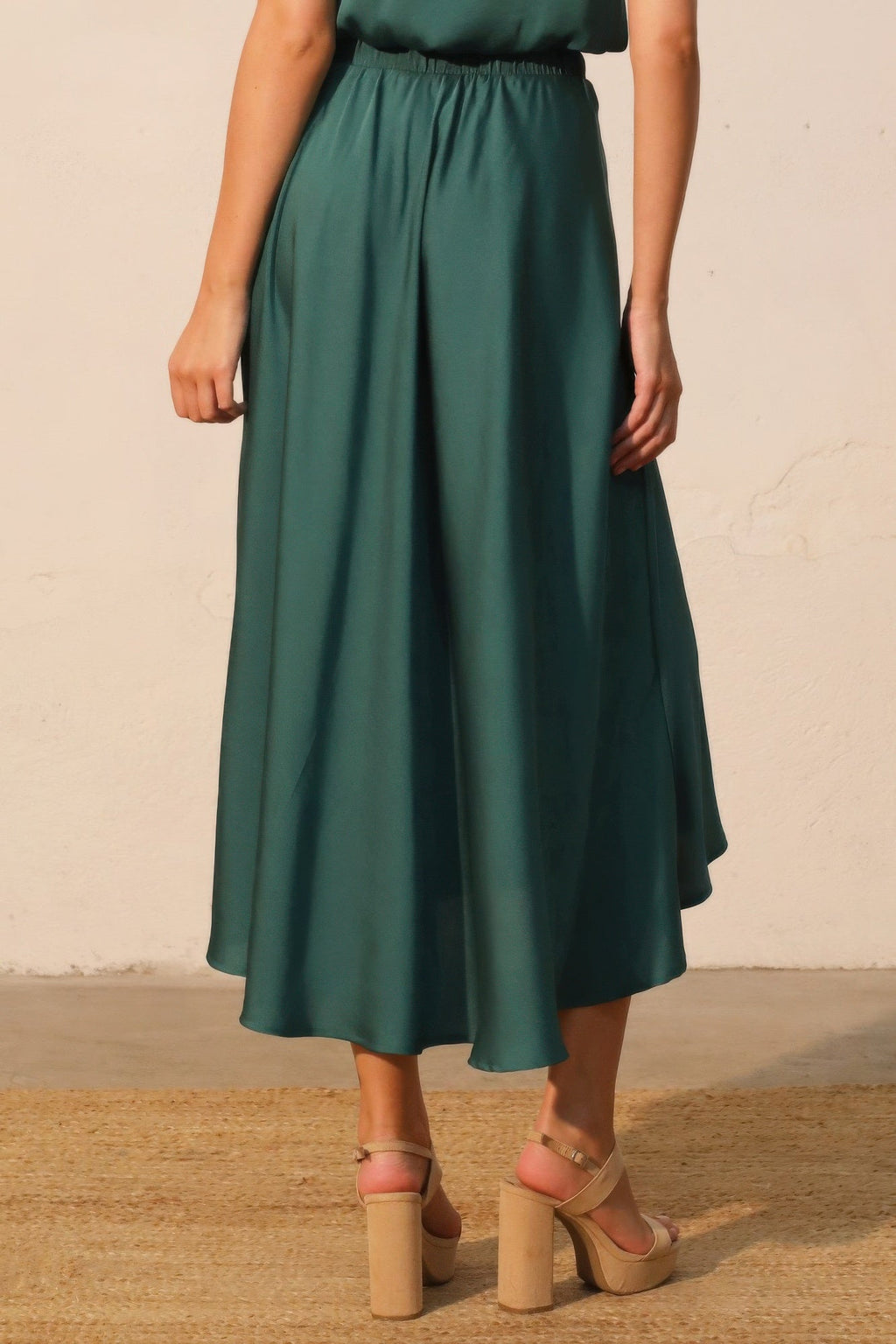 Washed Poly Silk Midi Swing Skirt