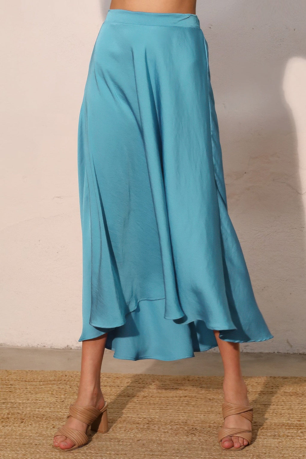 Washed Poly Silk Midi Swing Skirt