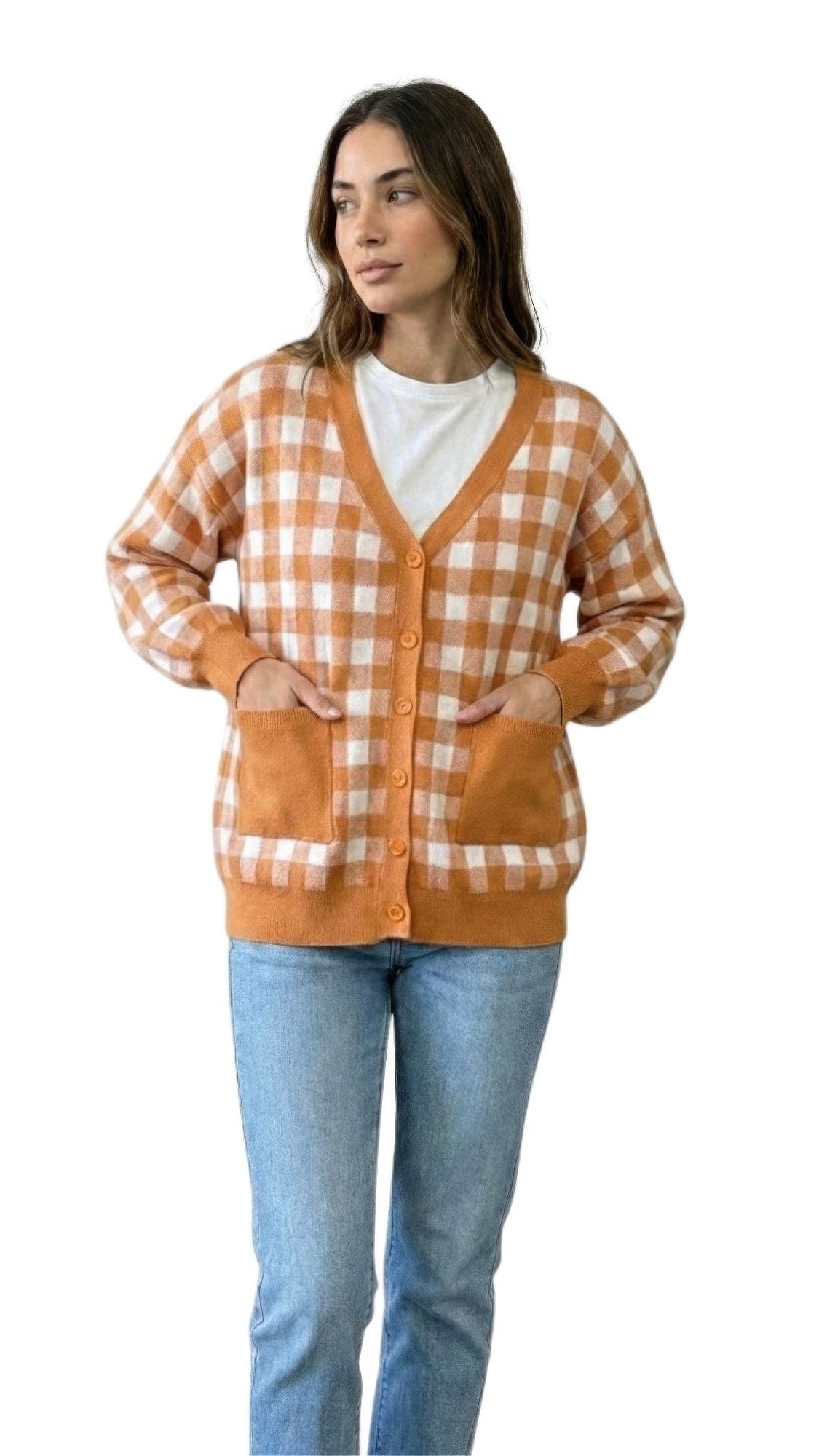 Gingham Cardigan Women's With V Neck And Pockets