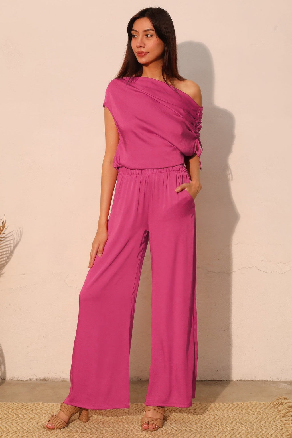 Washed Poly Silk Asymmetrical Drawstring Top