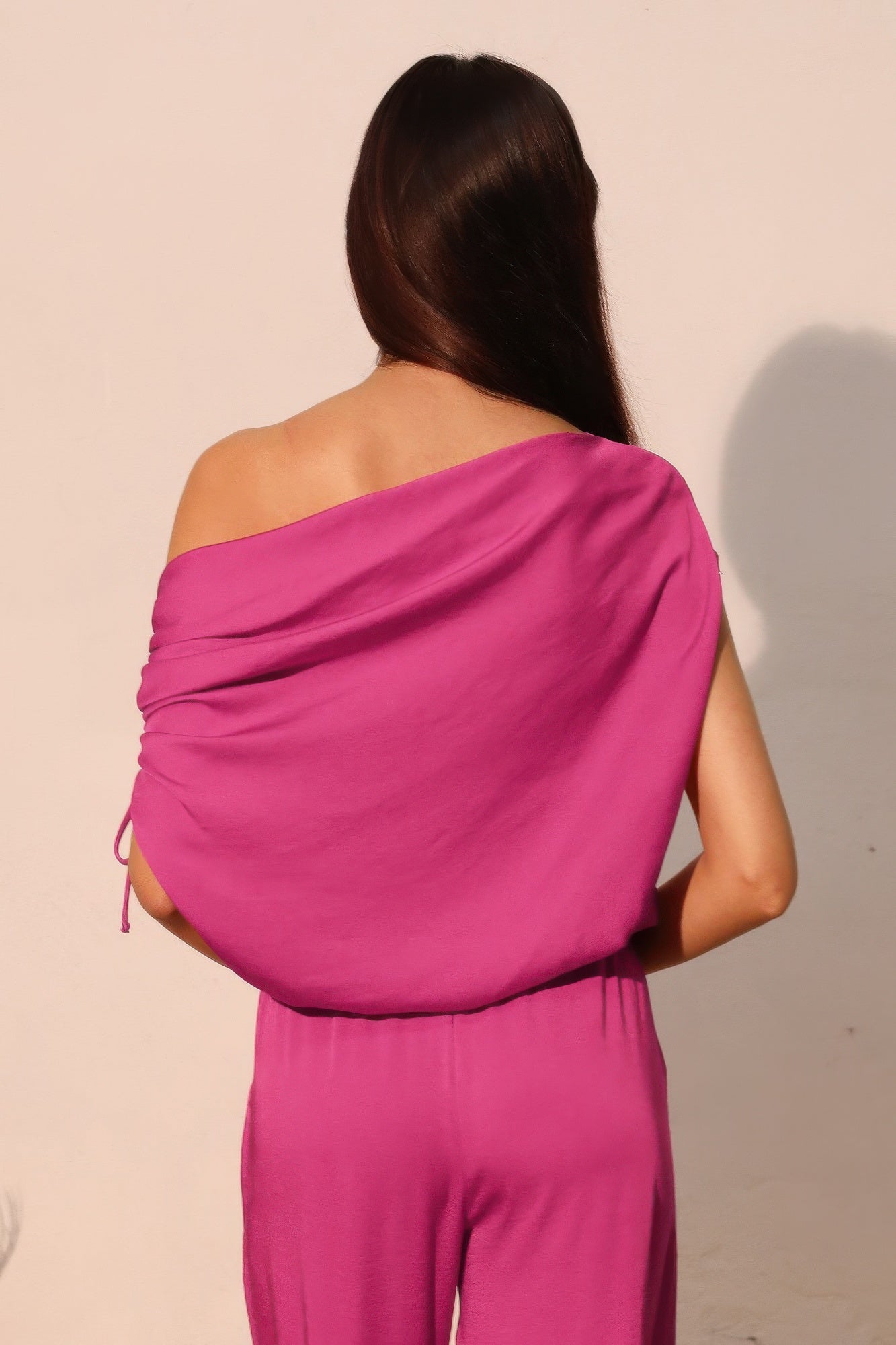 Washed Poly Silk Asymmetrical Drawstring Top