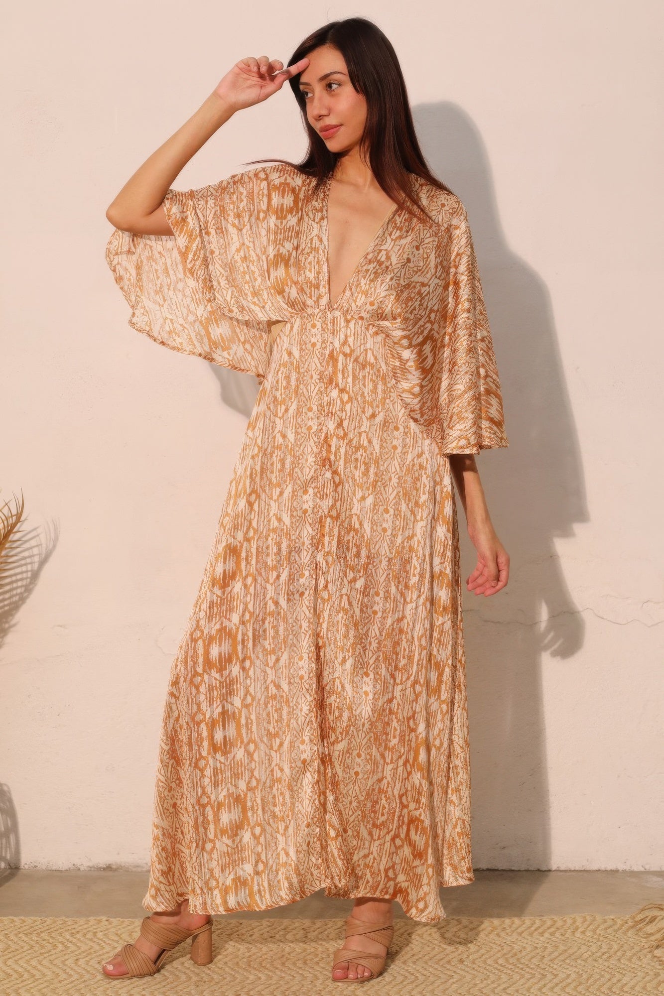 Bohemian Lurex Chiffon Cape Maxi Dress