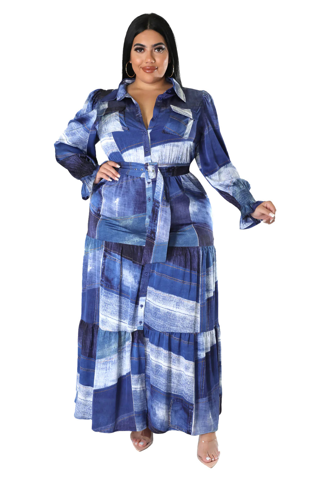 Satin Denim Illusion Maxi Dress
