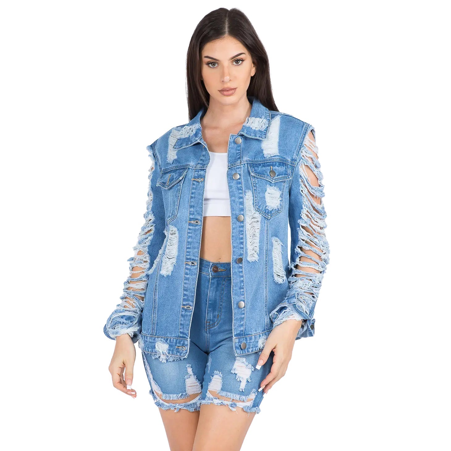 Distressed All Over Denim Jacket