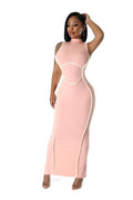 Peach Mock Neck Ribbed Maxi Dress