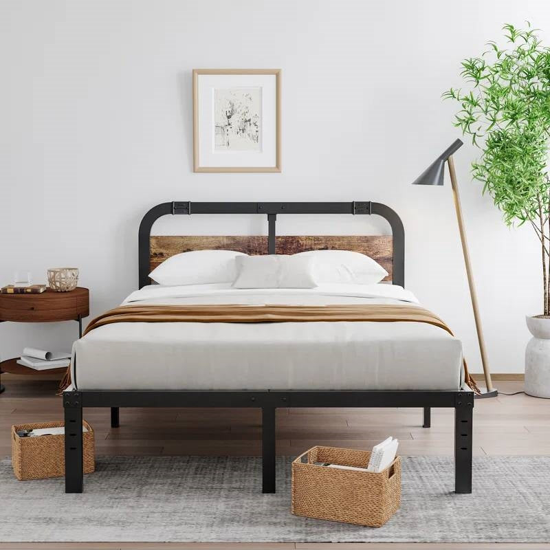 Full size Heavy Duty Black Metal Bed Frame with Solid Wood Panel Headboard