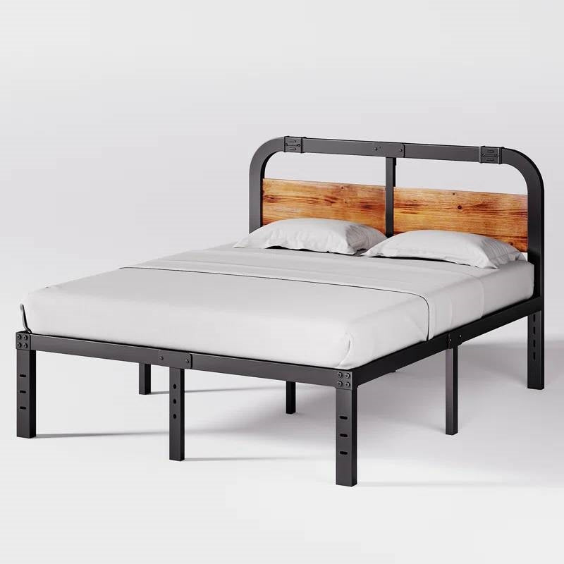 Full size Heavy Duty Black Metal Bed Frame with Solid Wood Panel Headboard