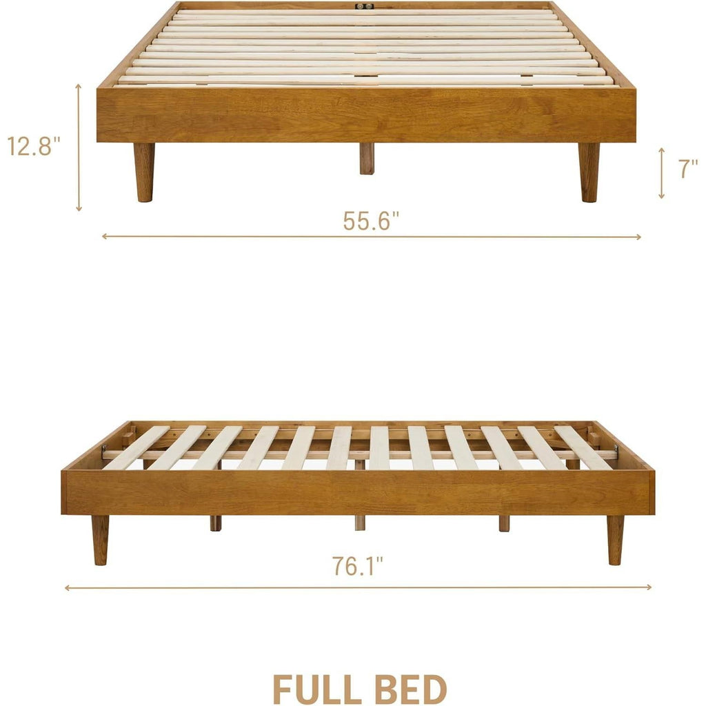 Full size Mid-Century Modern Platform Bed Frame in Light Wood Finish