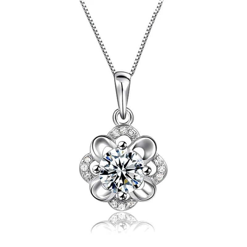 925 Sterling Silver Flower CZ Pendant Necklace