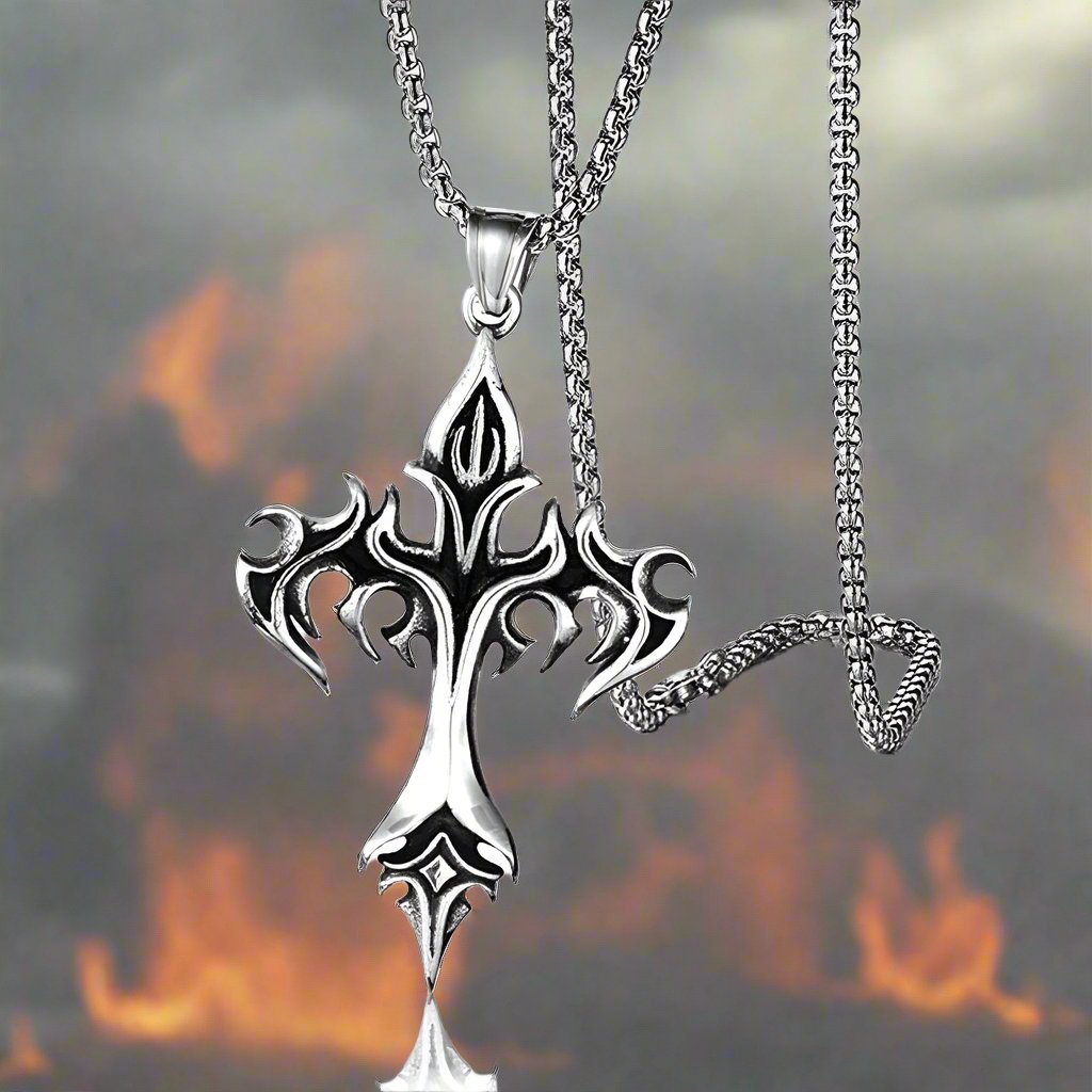 Flaming Gothic Style Cross Necklace